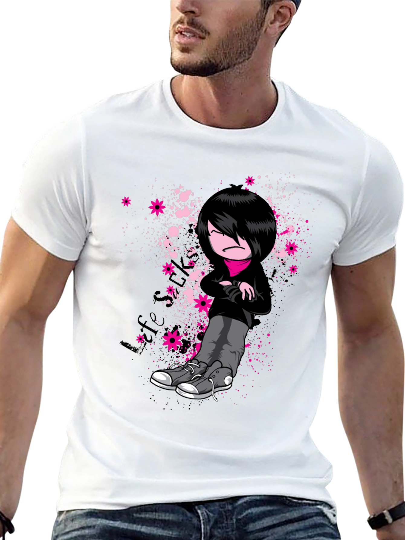 Emo Cartoon Graphic Print Black T-Shirt