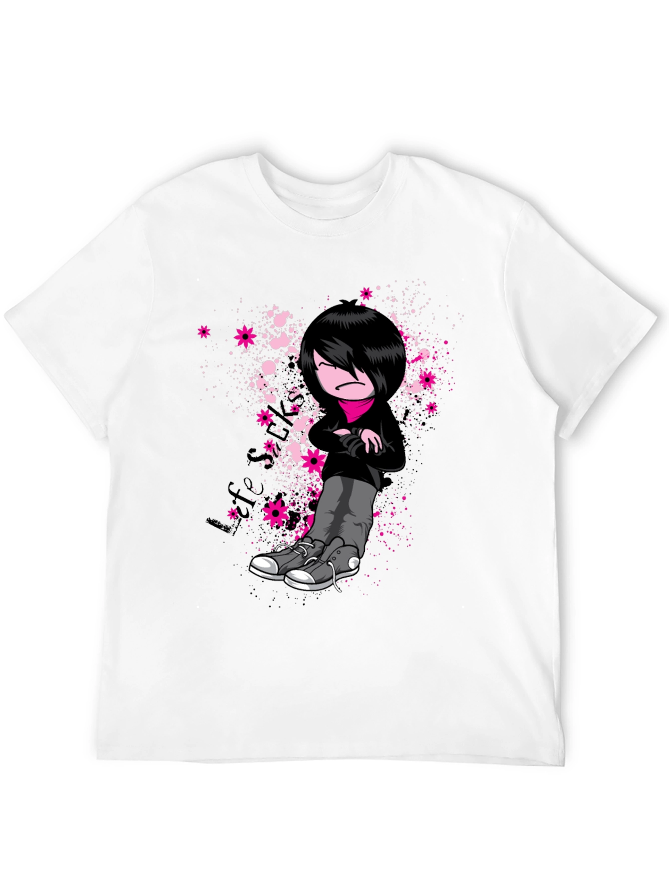 Emo Cartoon Graphic Print Black T-Shirt