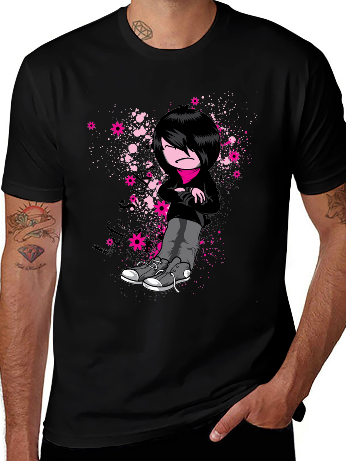 Emo Cartoon Graphic Print Black T-Shirt