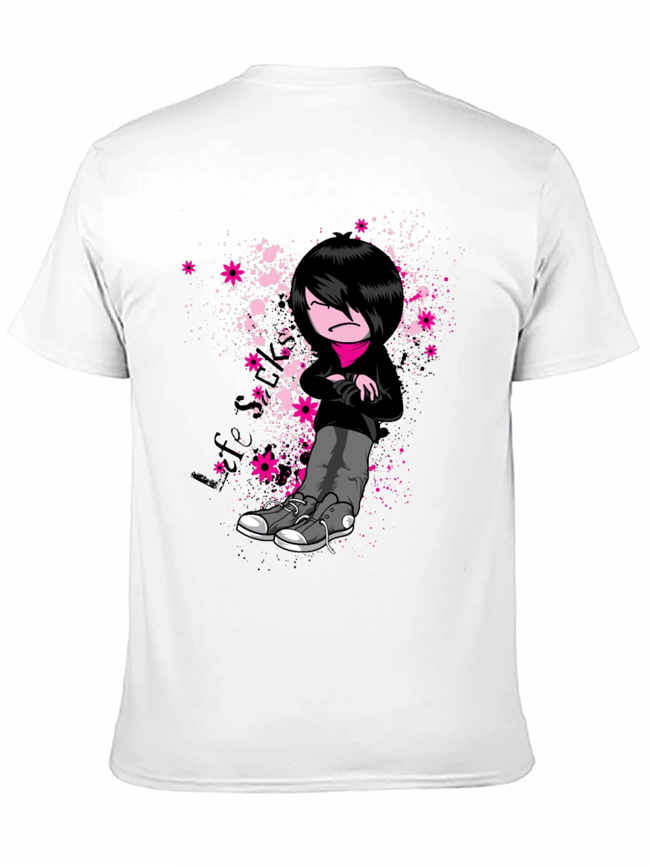 Emo Cartoon Graphic Print Black T-Shirt