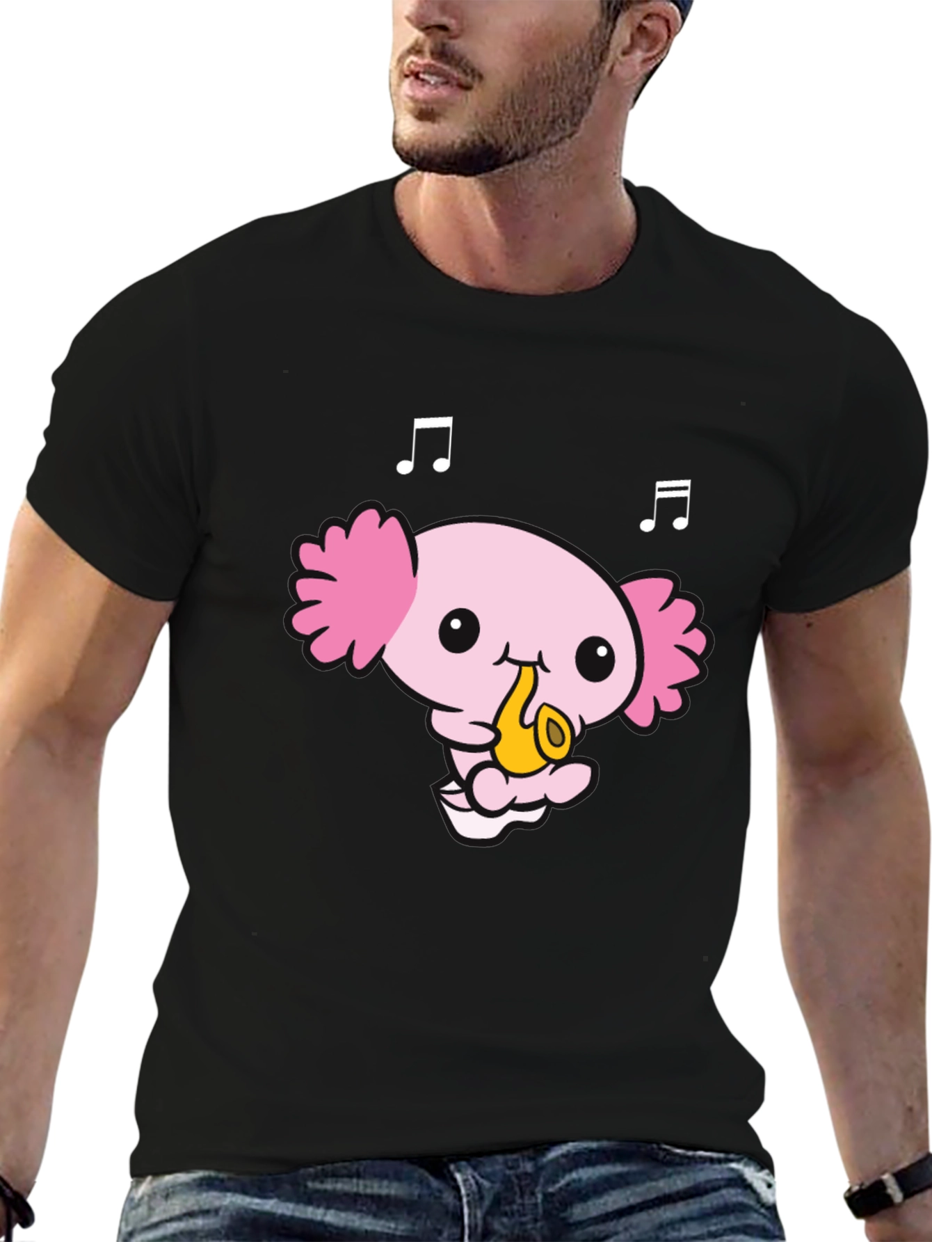 Axolotl Saxophone Player Black T-Shirt