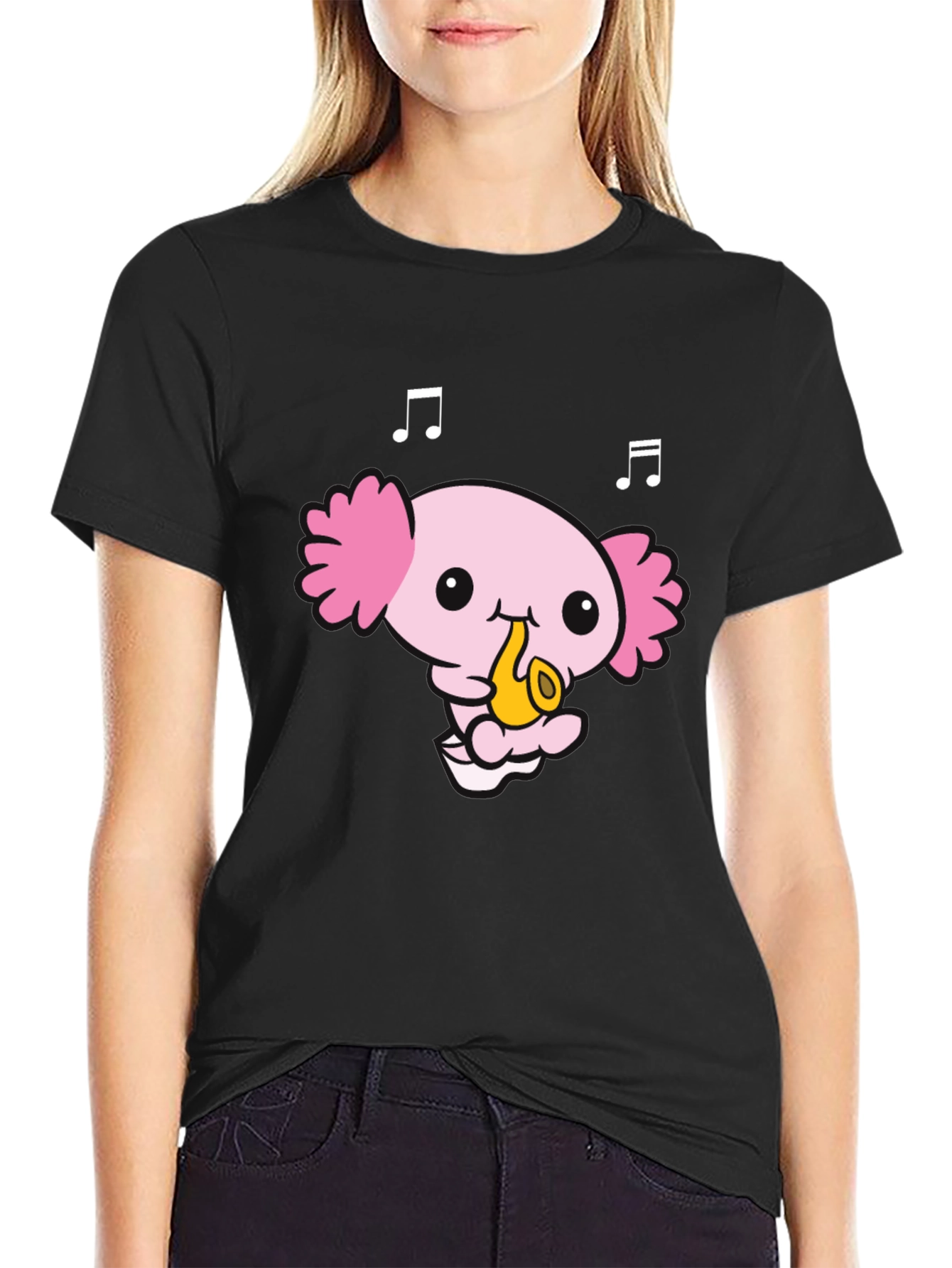 Axolotl Saxophone Player Black T-Shirt