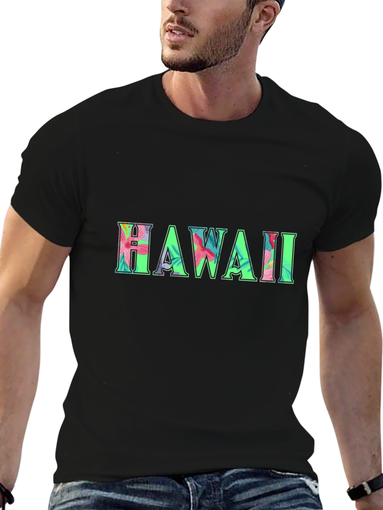 Hawaii Floral Print Black T-Shirt