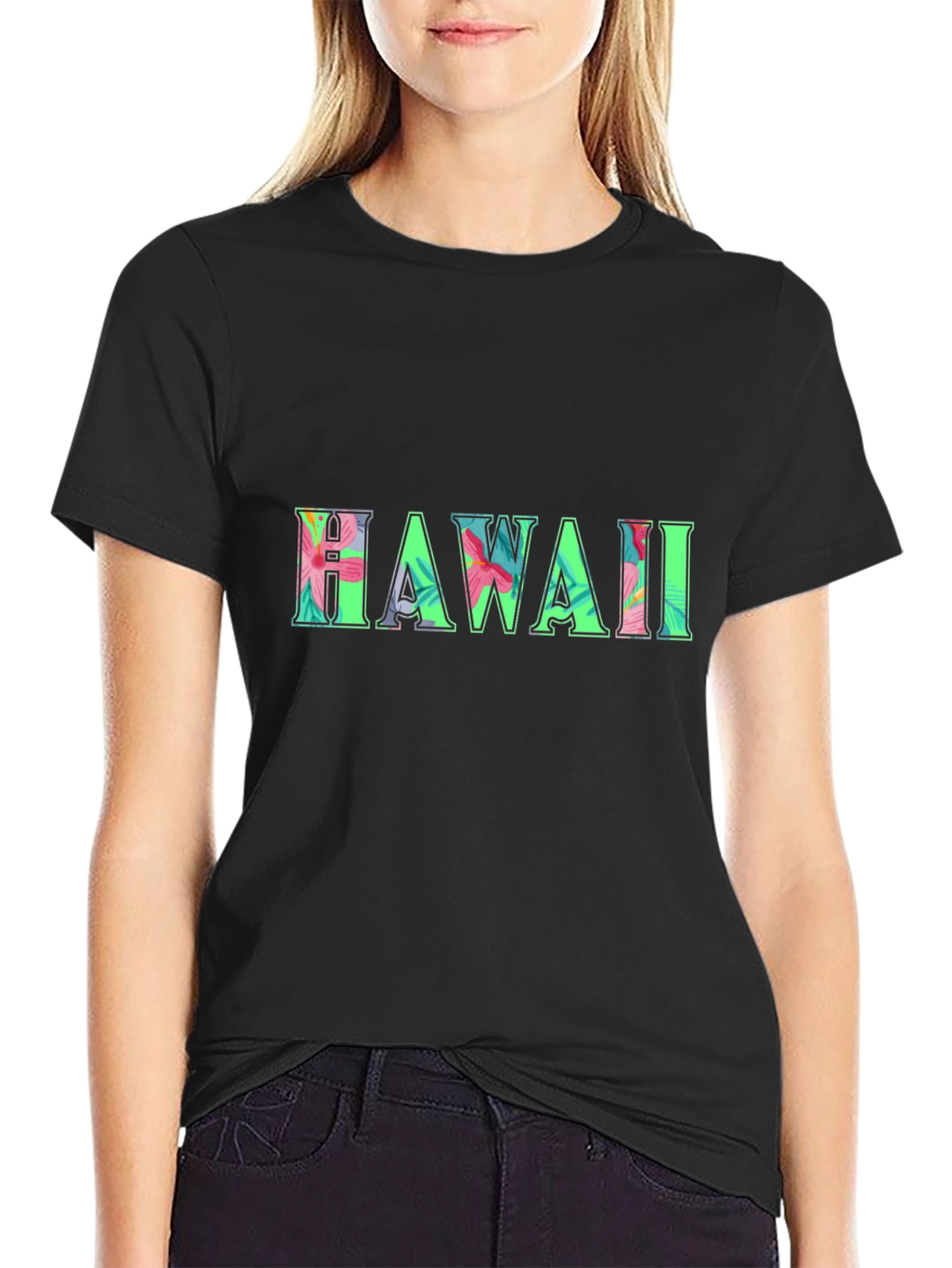 Hawaii Floral Print Black T-Shirt