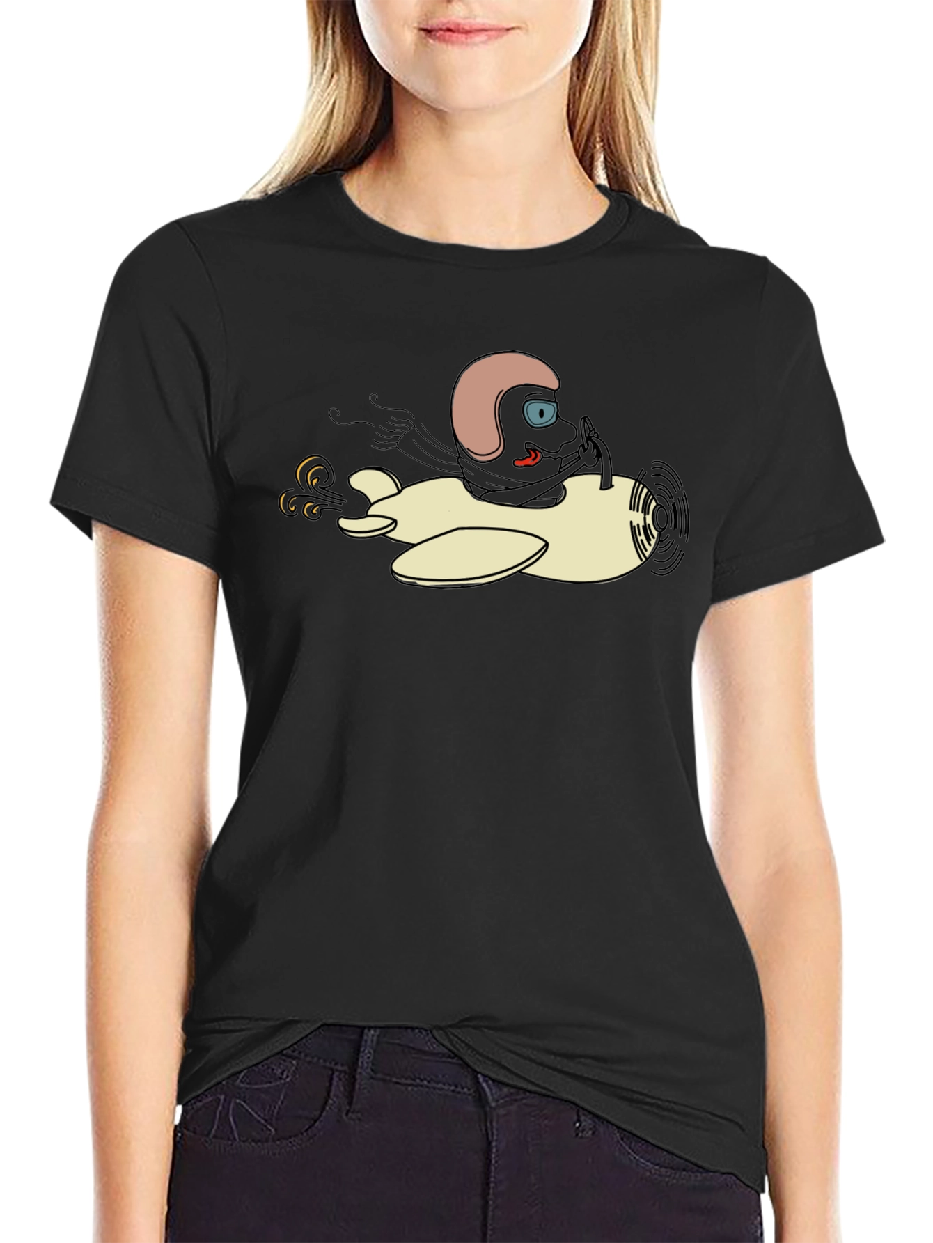 Cartoon Pilot T-Shirt - Black Cotton Tee