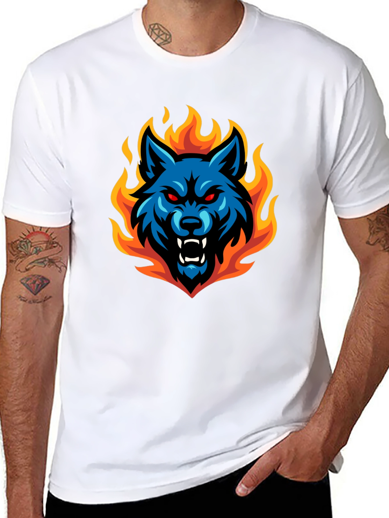 Fiery Wolf Graphic Tee - Black Cotton T-Shirt