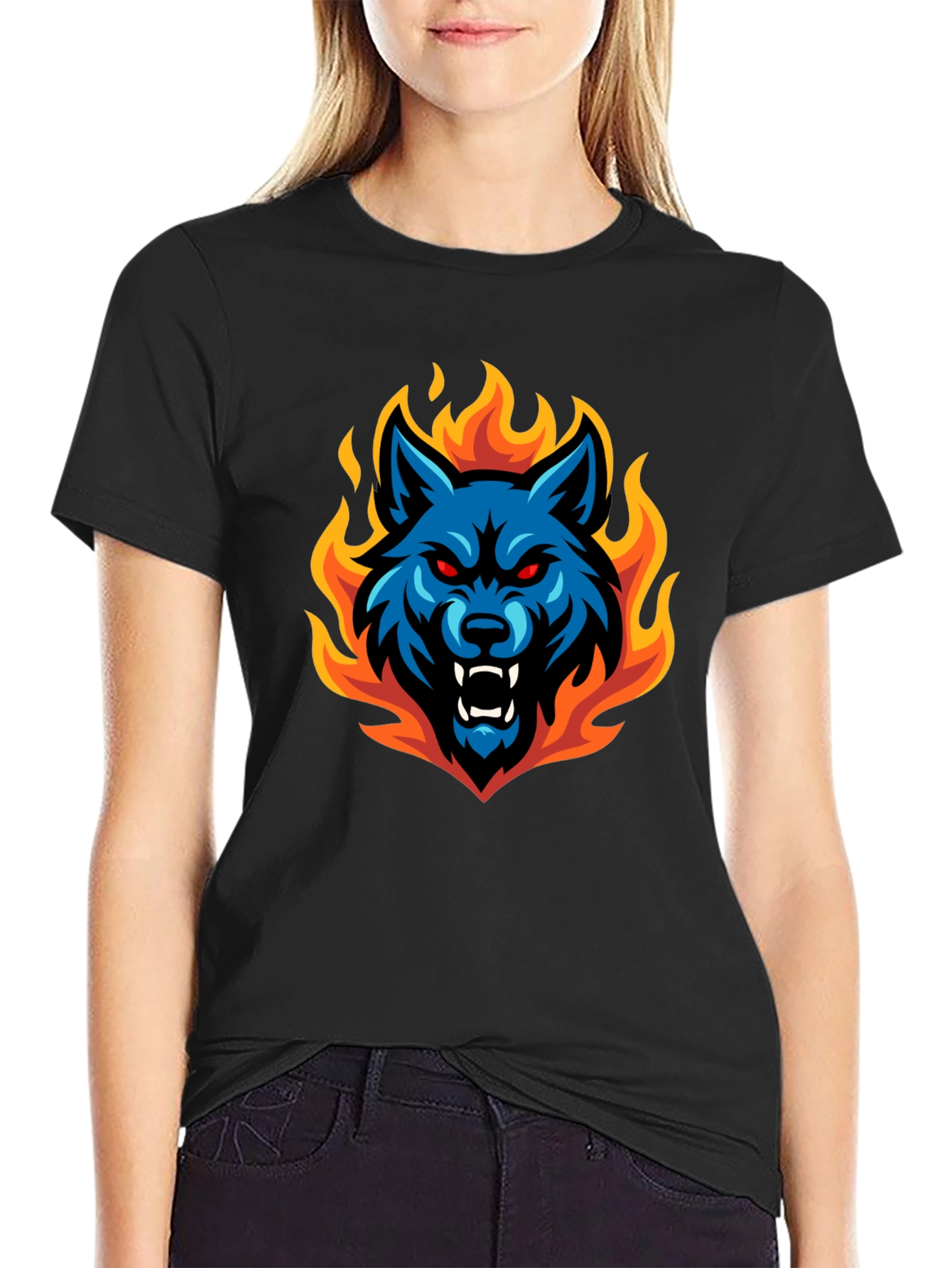 Fiery Wolf Graphic Tee - Black Cotton T-Shirt