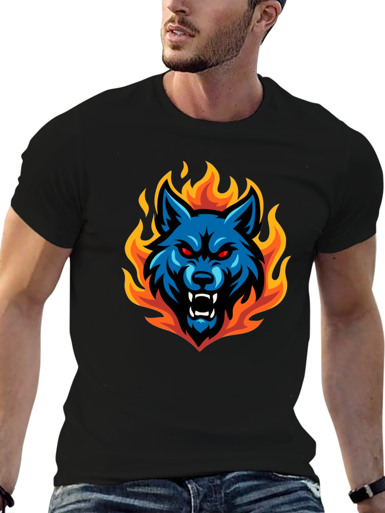 Fiery Wolf Graphic Tee - Black Cotton T-Shirt