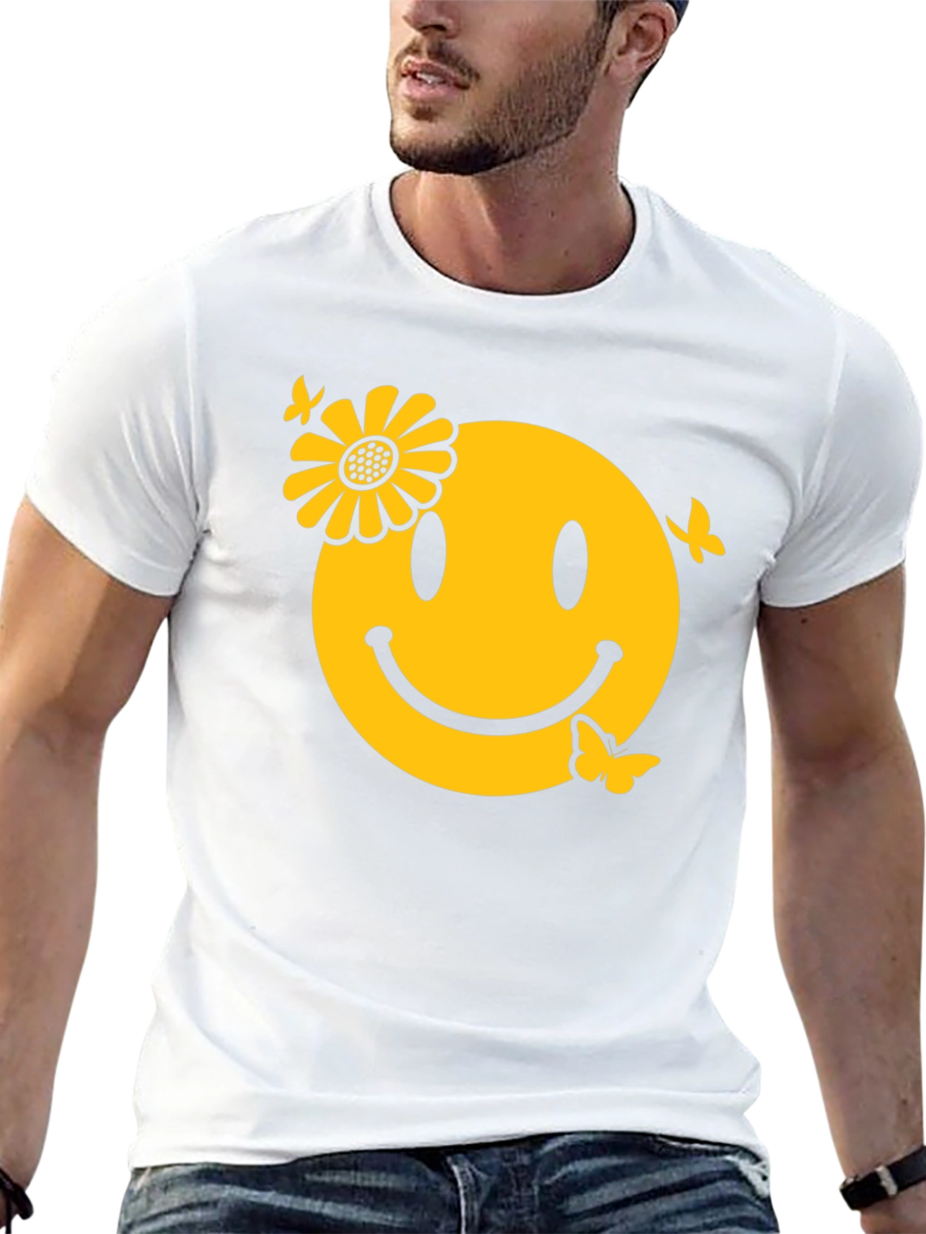 Smiley Face with Flower & Butterflies Graphic Tee