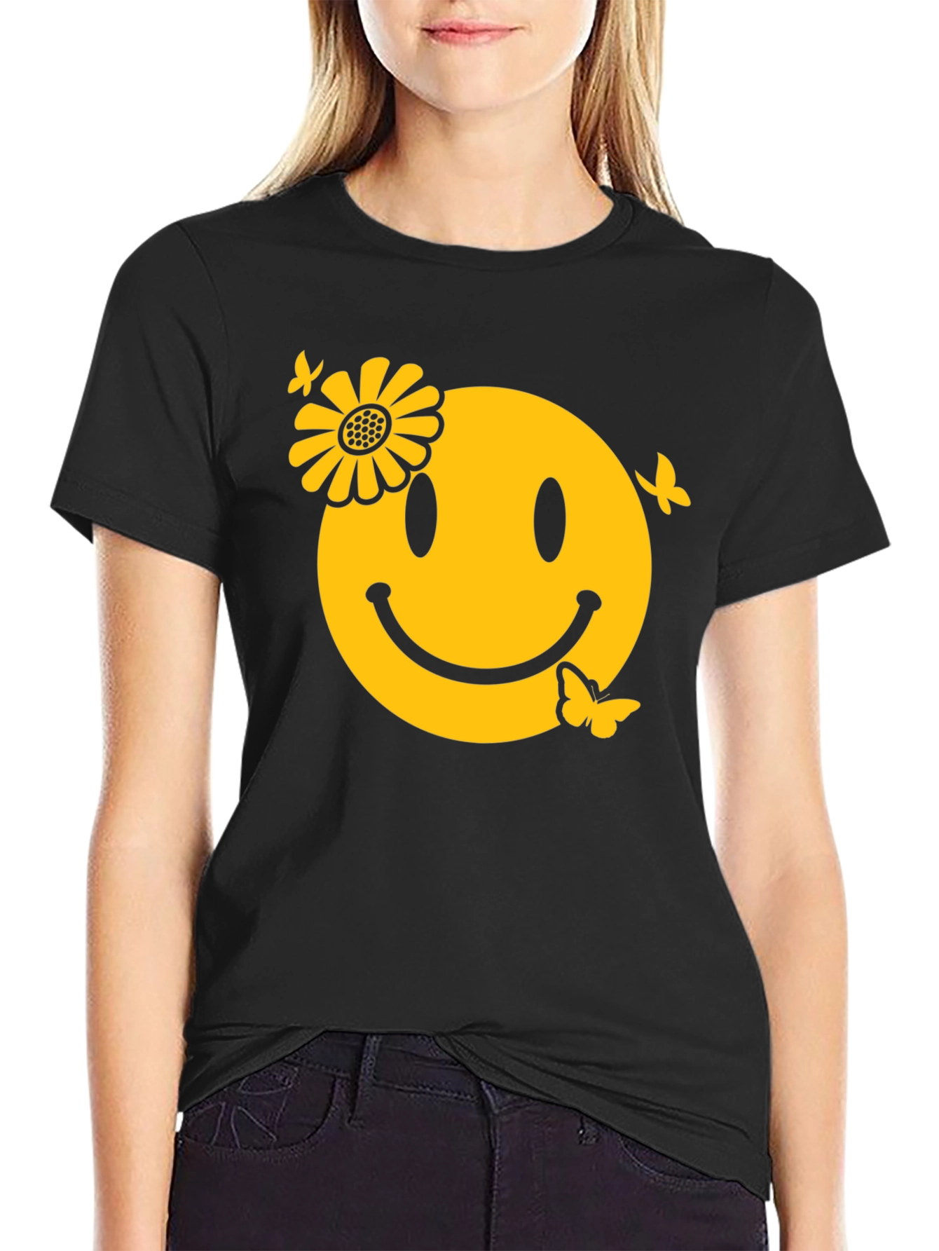 Smiley Face with Flower & Butterflies Graphic Tee
