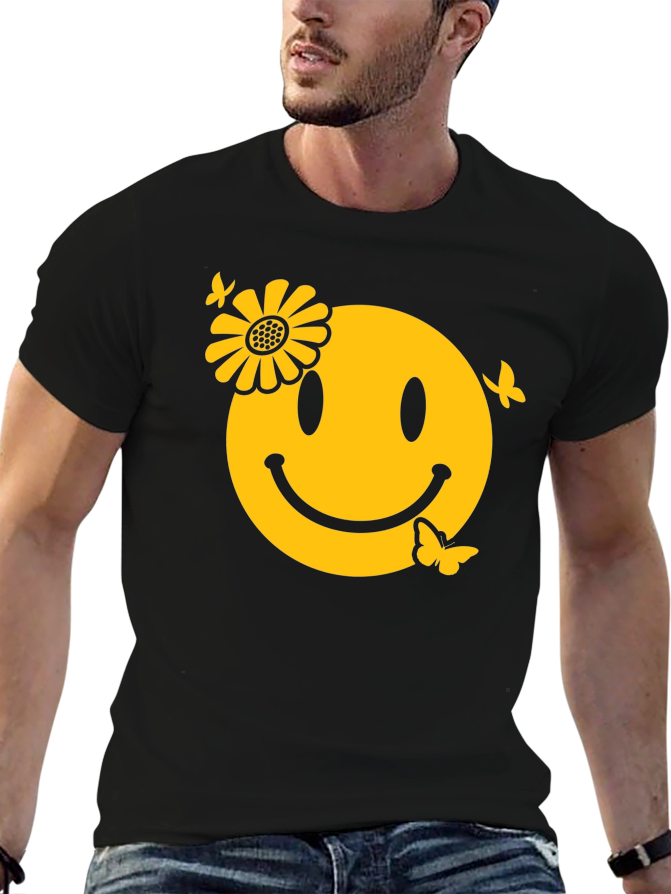 Smiley Face with Flower & Butterflies Graphic Tee