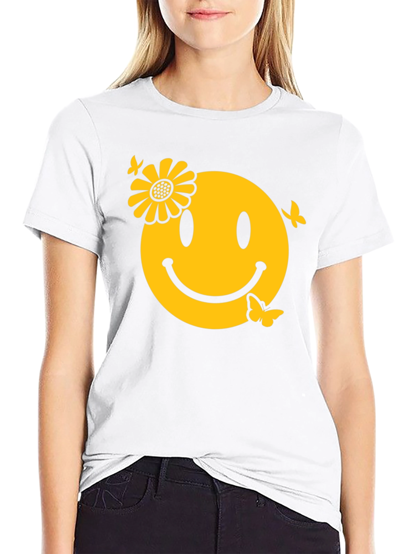 Smiley Face with Flower & Butterflies Graphic Tee