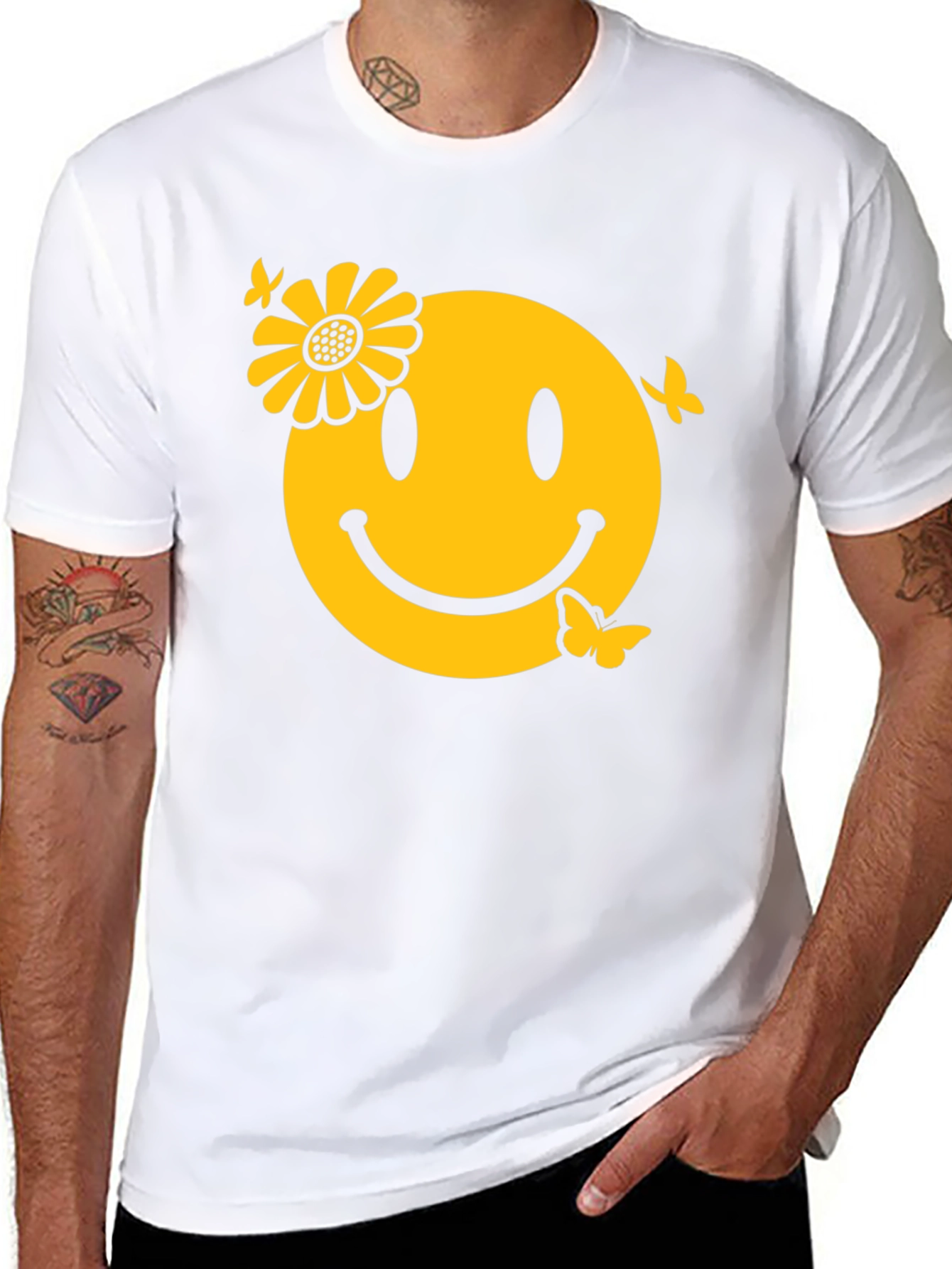 Smiley Face with Flower & Butterflies Graphic Tee