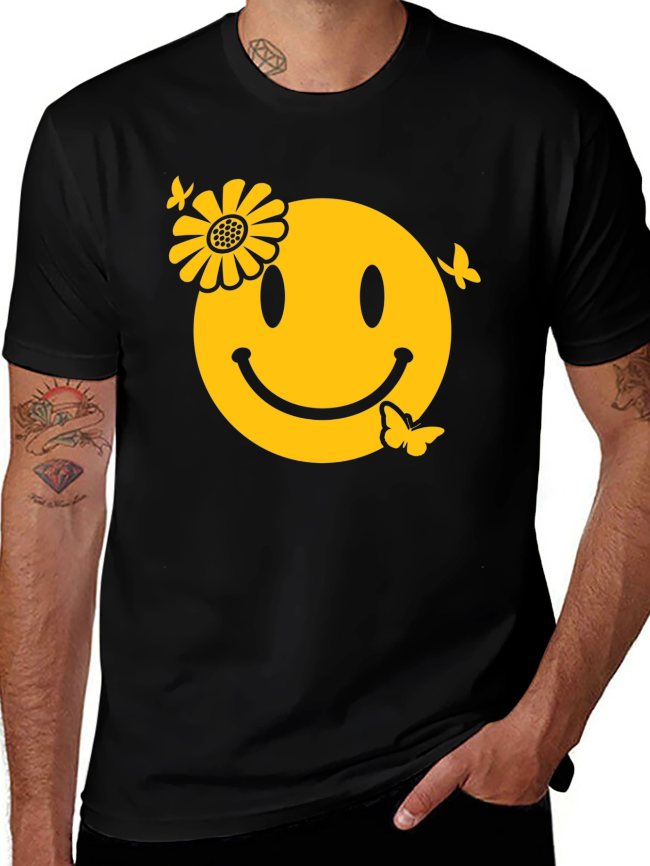 Smiley Face with Flower & Butterflies Graphic Tee