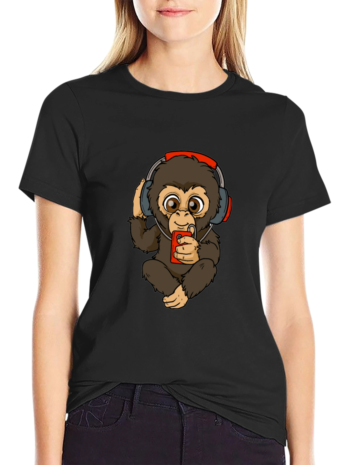 Monkey with Headphones Graphic Tee - Black
