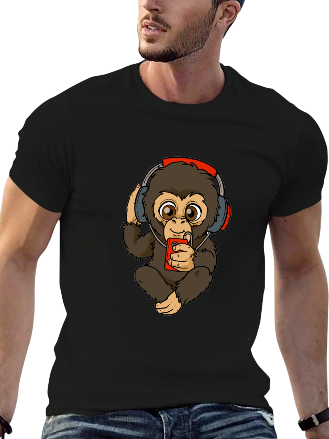 Monkey with Headphones Graphic Tee - Black