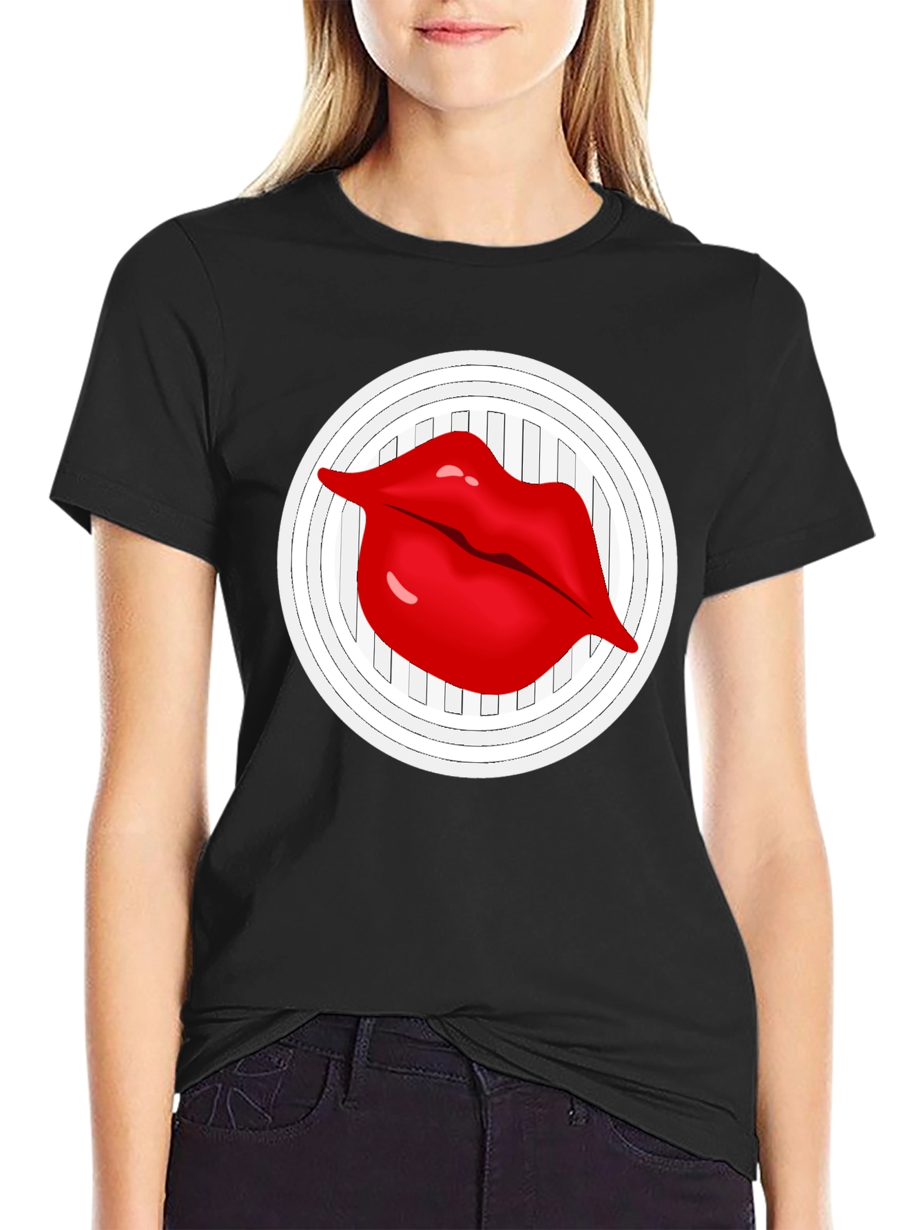 Lip Graphic Black Crew Neck T-Shirt
