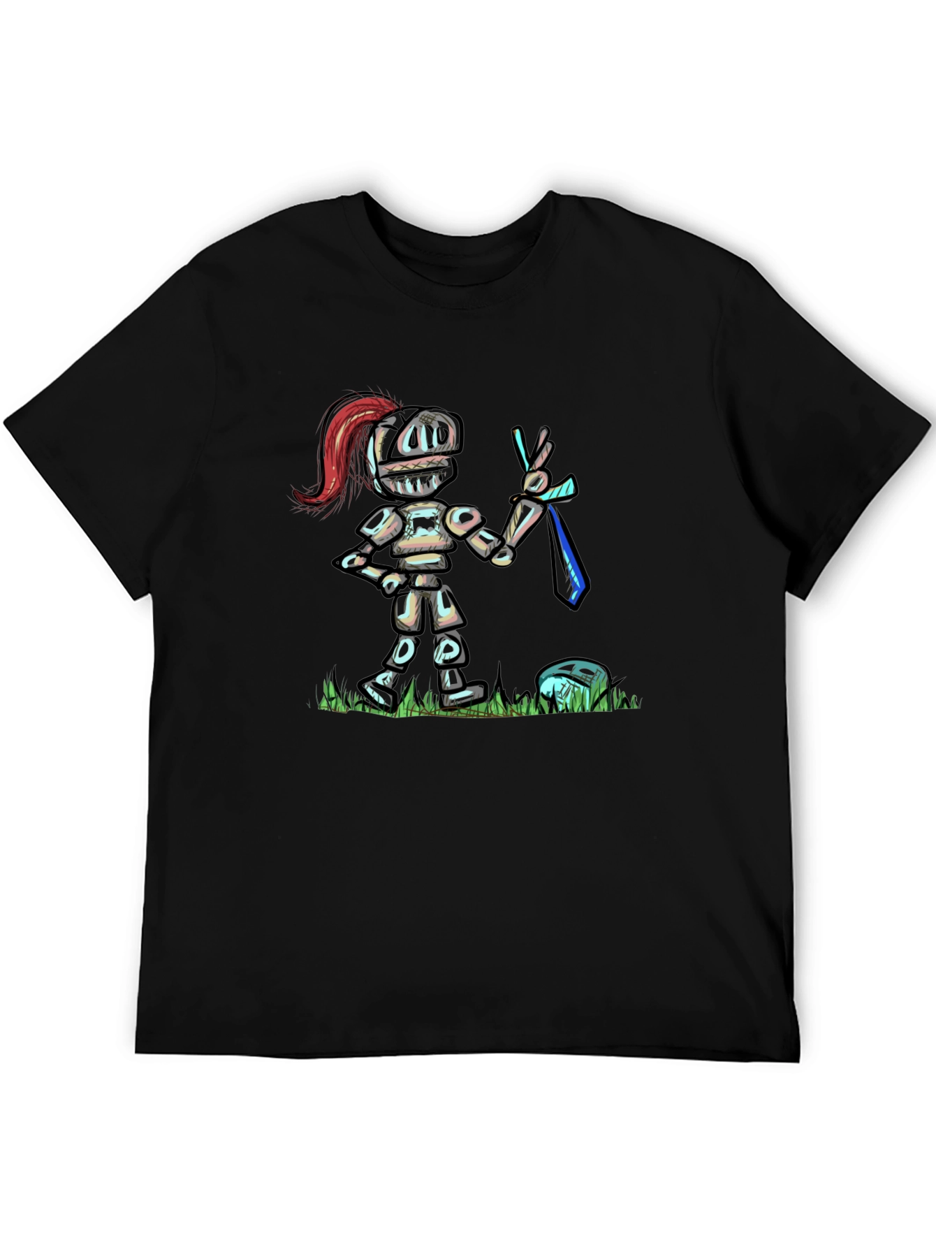 Cartoon Knight T-Shirt - Black Cotton Tee