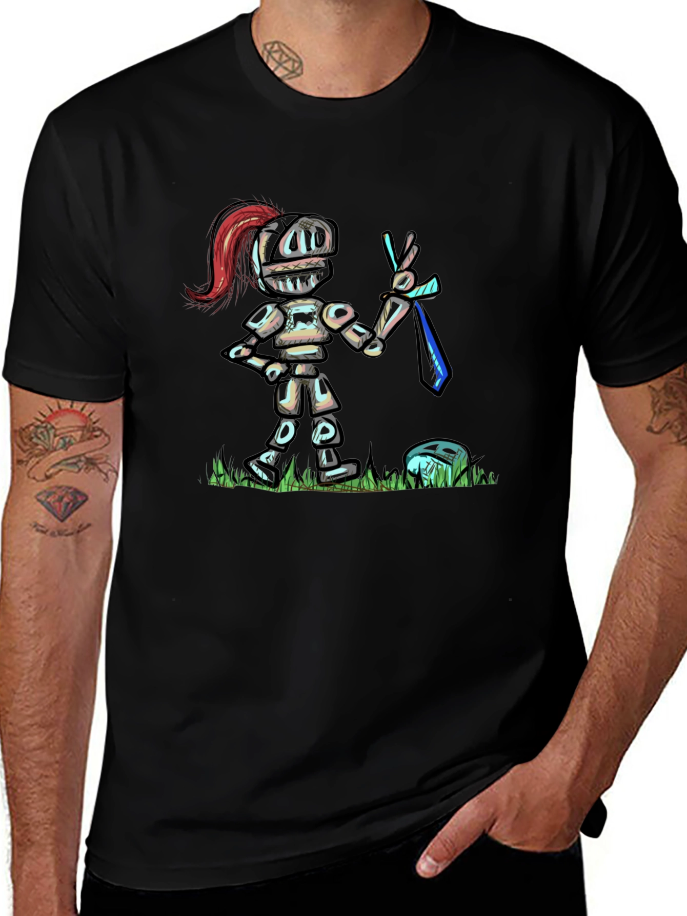 Cartoon Knight T-Shirt - Black Cotton Tee
