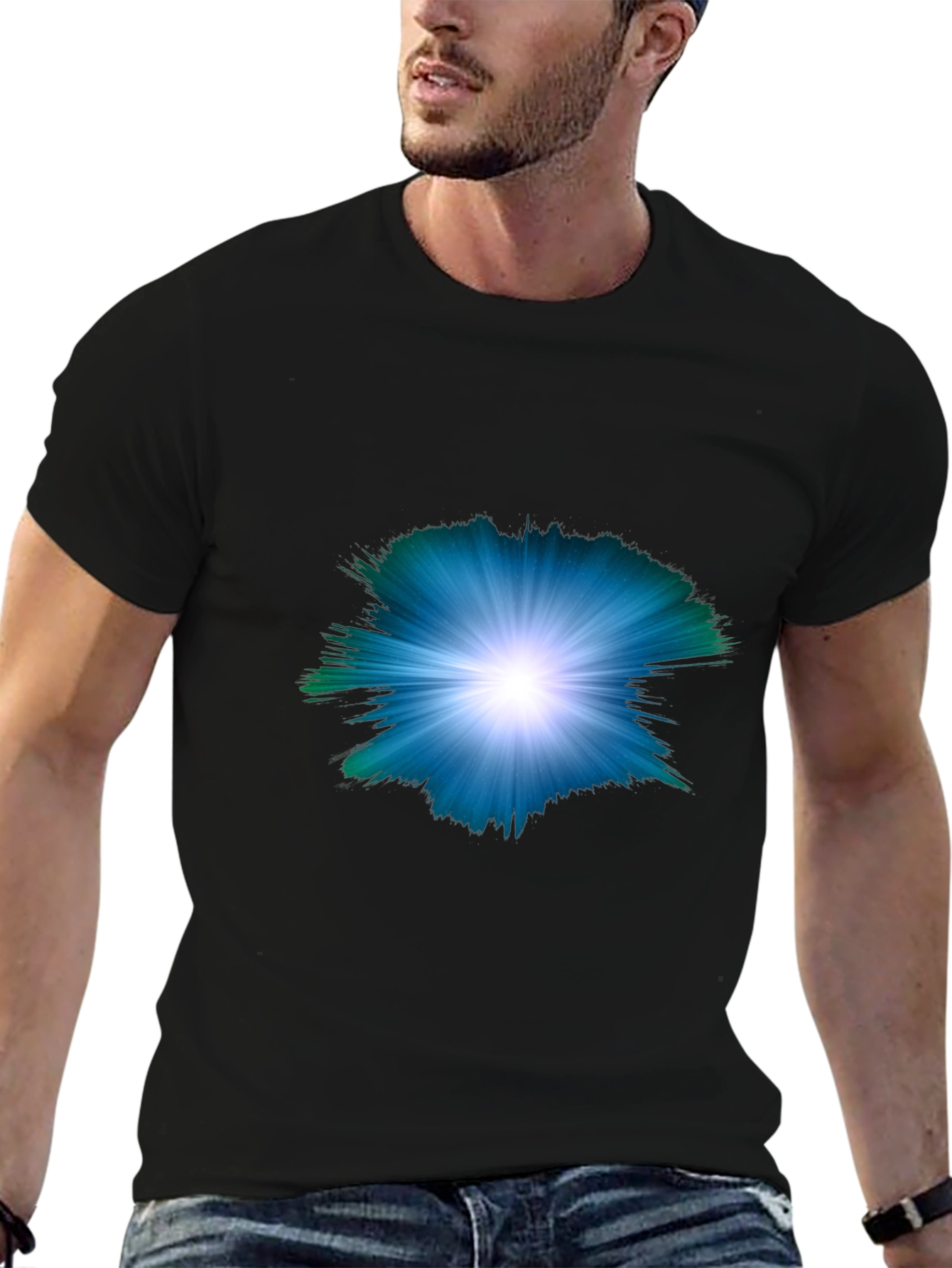 Mens Black T-Shirt with Abstract Light Burst Design