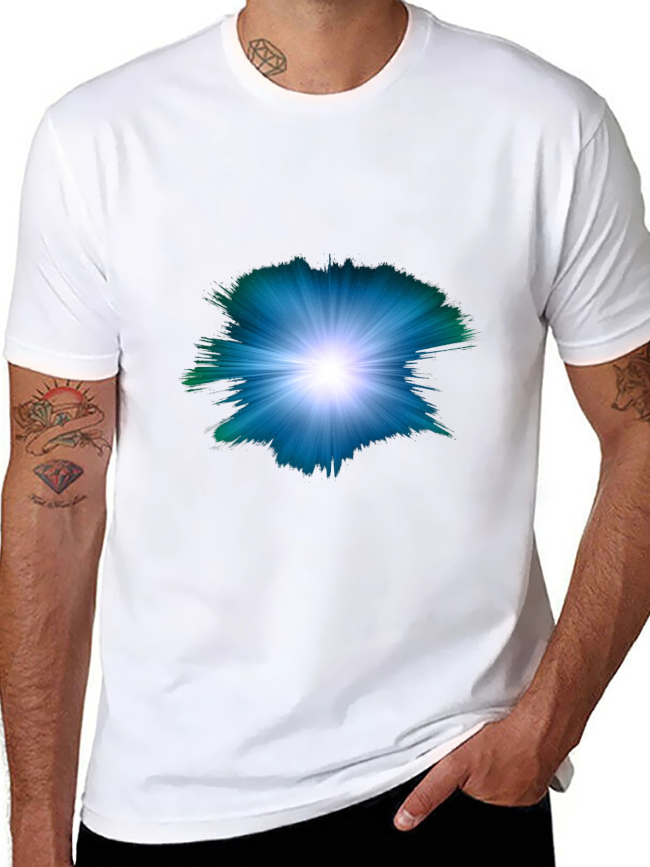 Mens Black T-Shirt with Abstract Light Burst Design