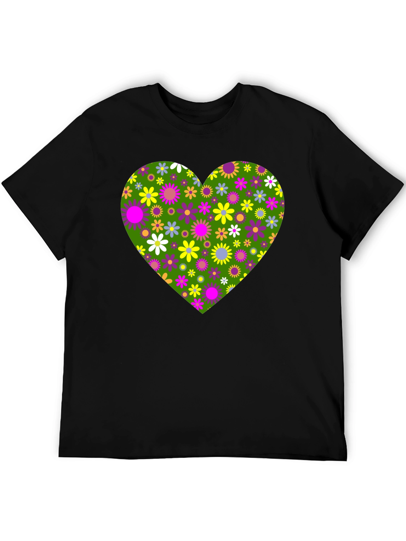 Floral Heart Graphic Tee - Black Cotton T-Shirt
