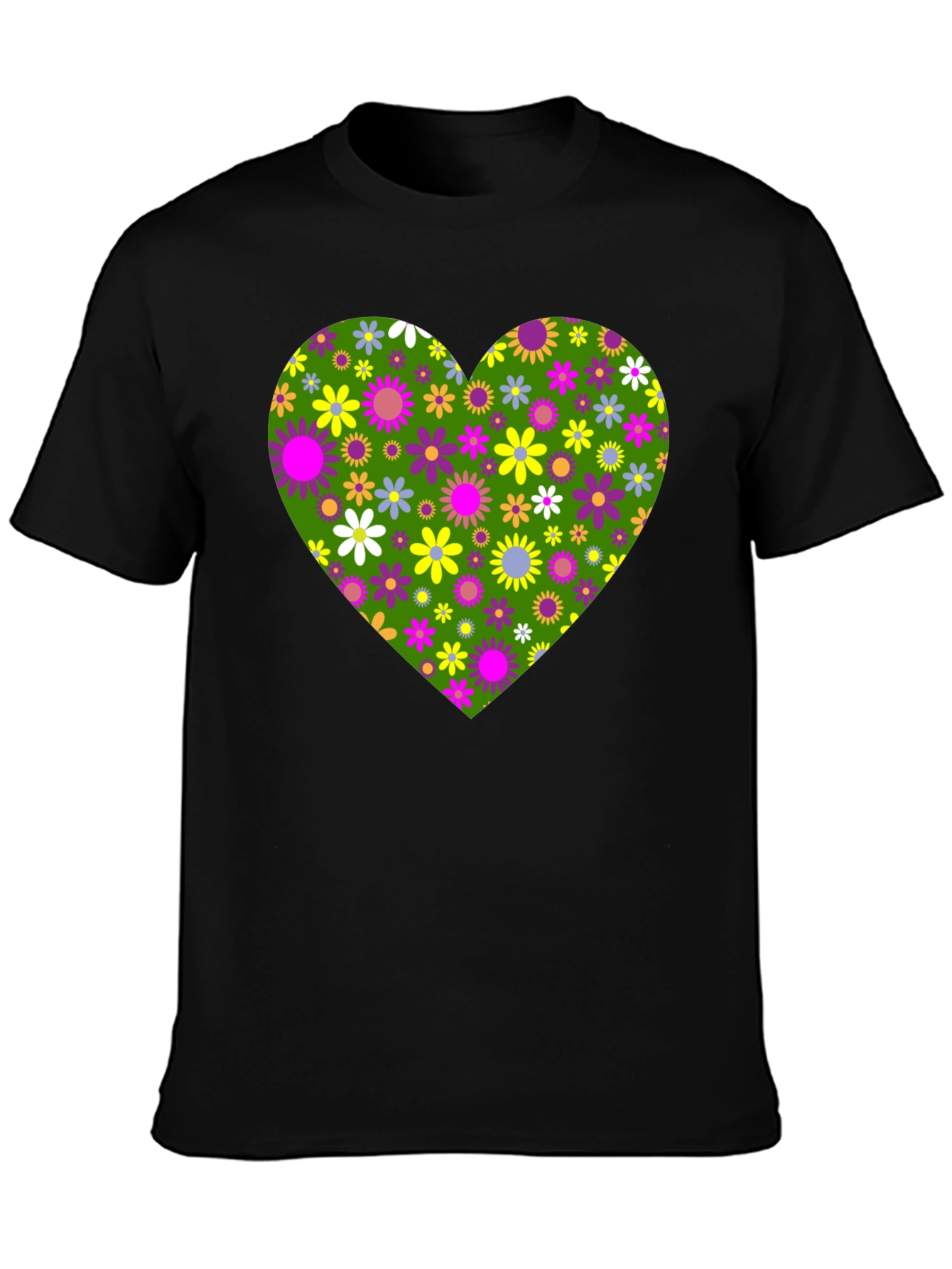 Floral Heart Graphic Tee - Black Cotton T-Shirt