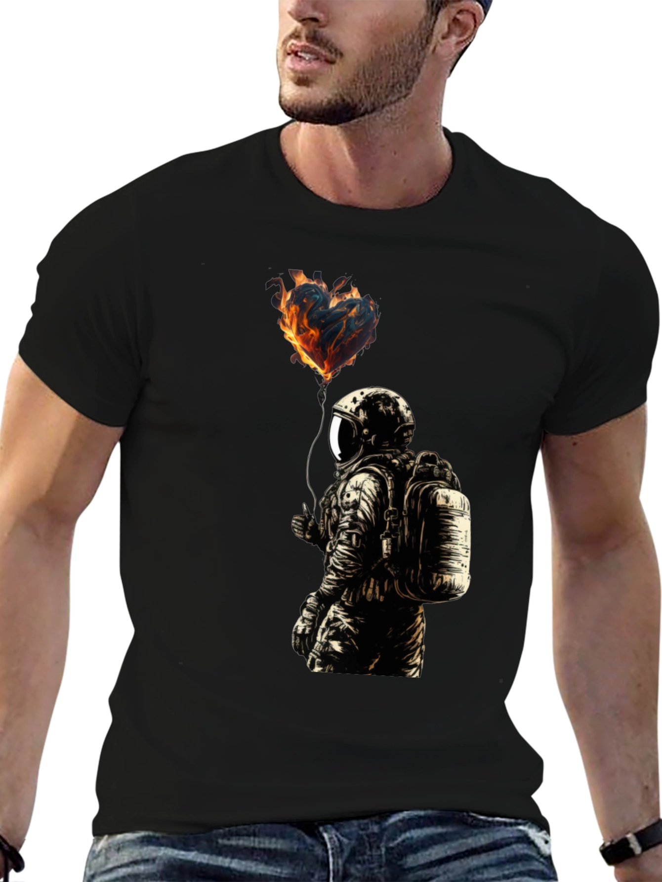 Flaming Heart Astronaut Graphic Tee - Black