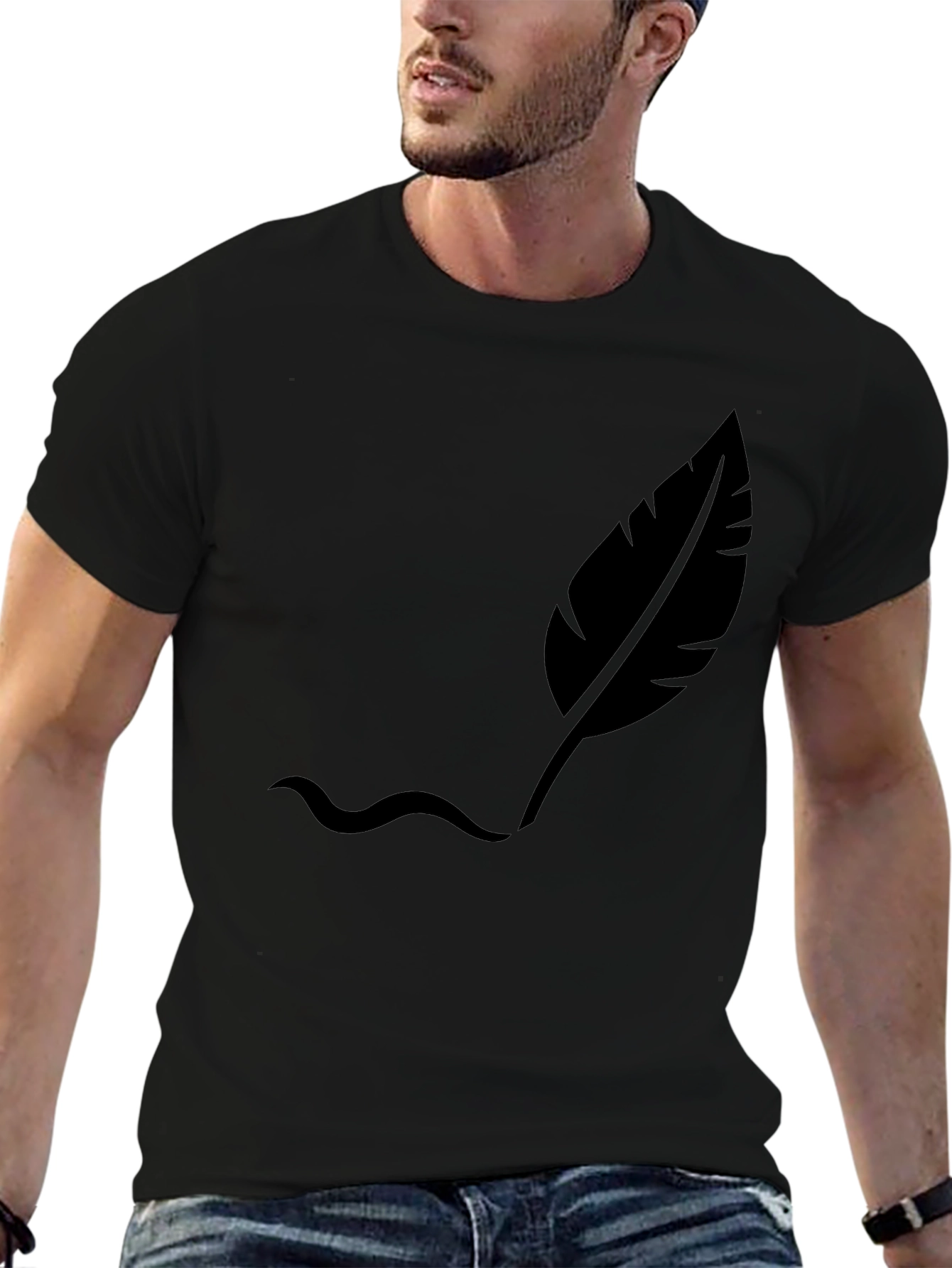 Mens Black T-Shirt with Feather Design