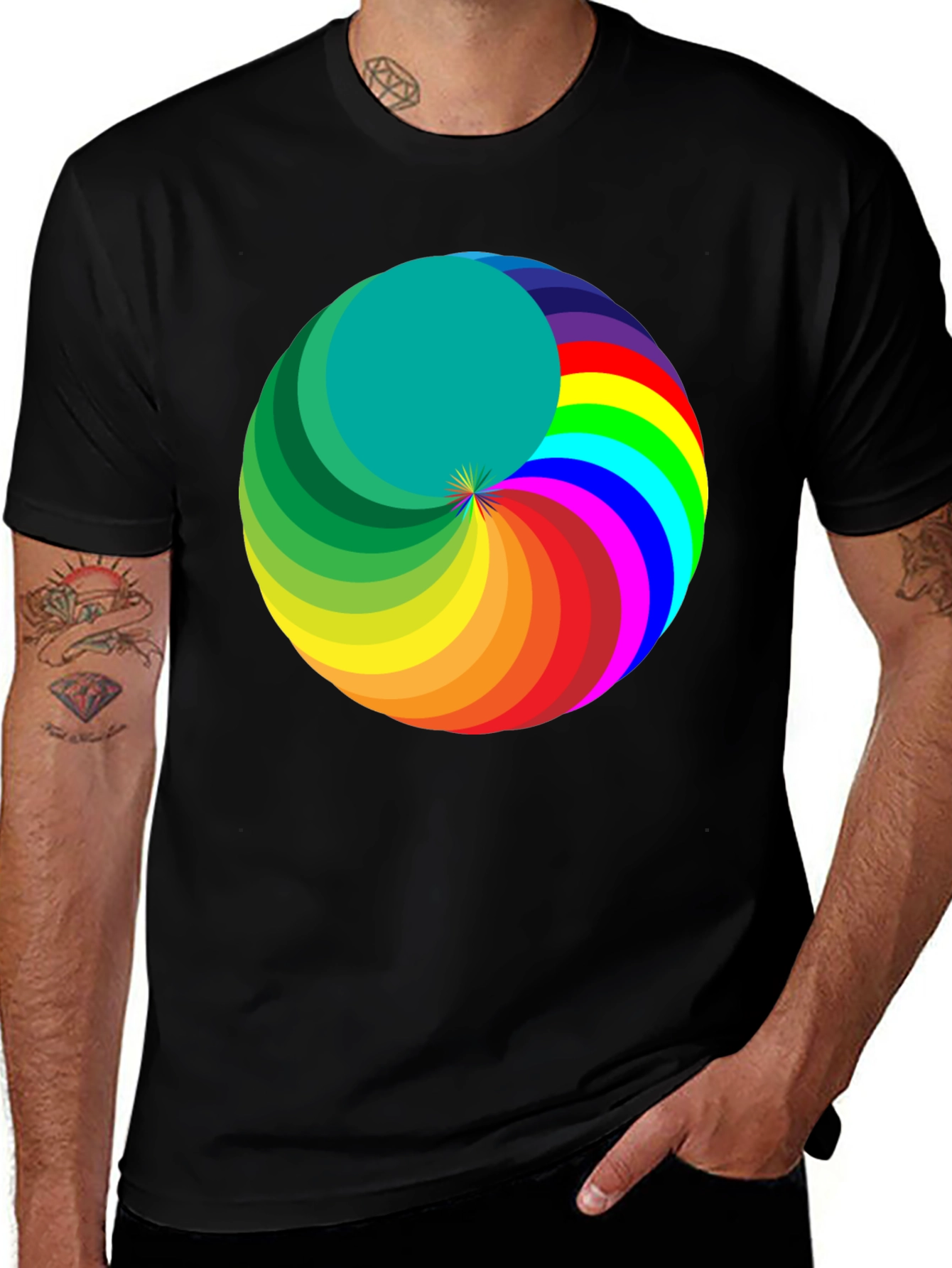 Rainbow Swirl Graphic Tee - Modern Mens Black T-Shirt