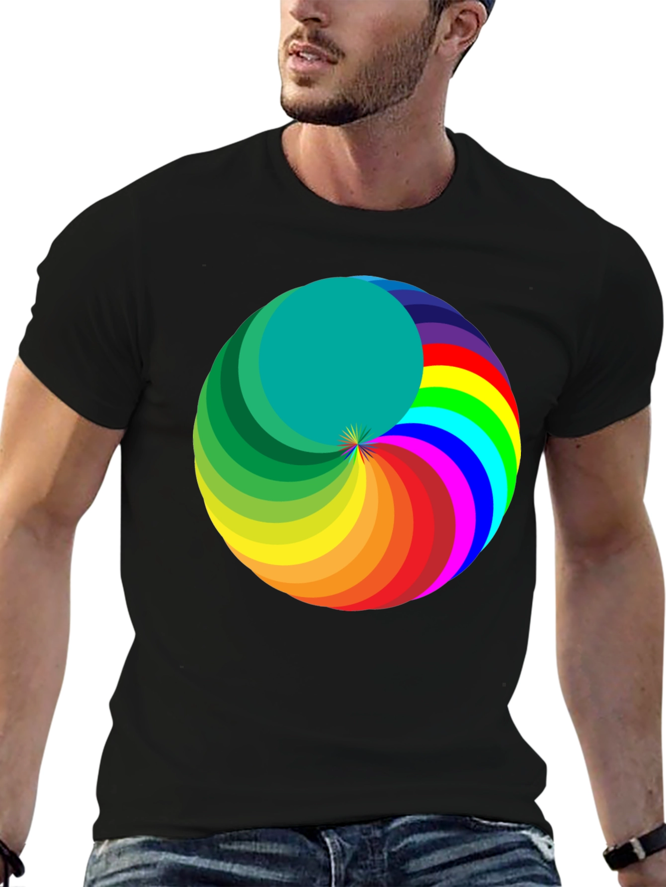 Rainbow Swirl Graphic Tee - Modern Mens Black T-Shirt