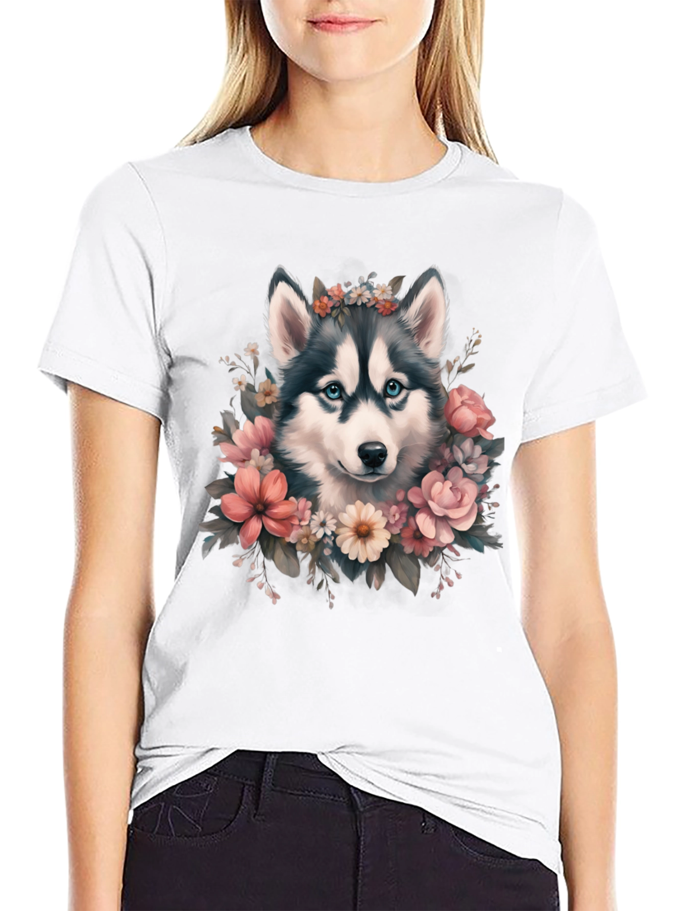 Husky Floral T-Shirt - Cute Dog Tee