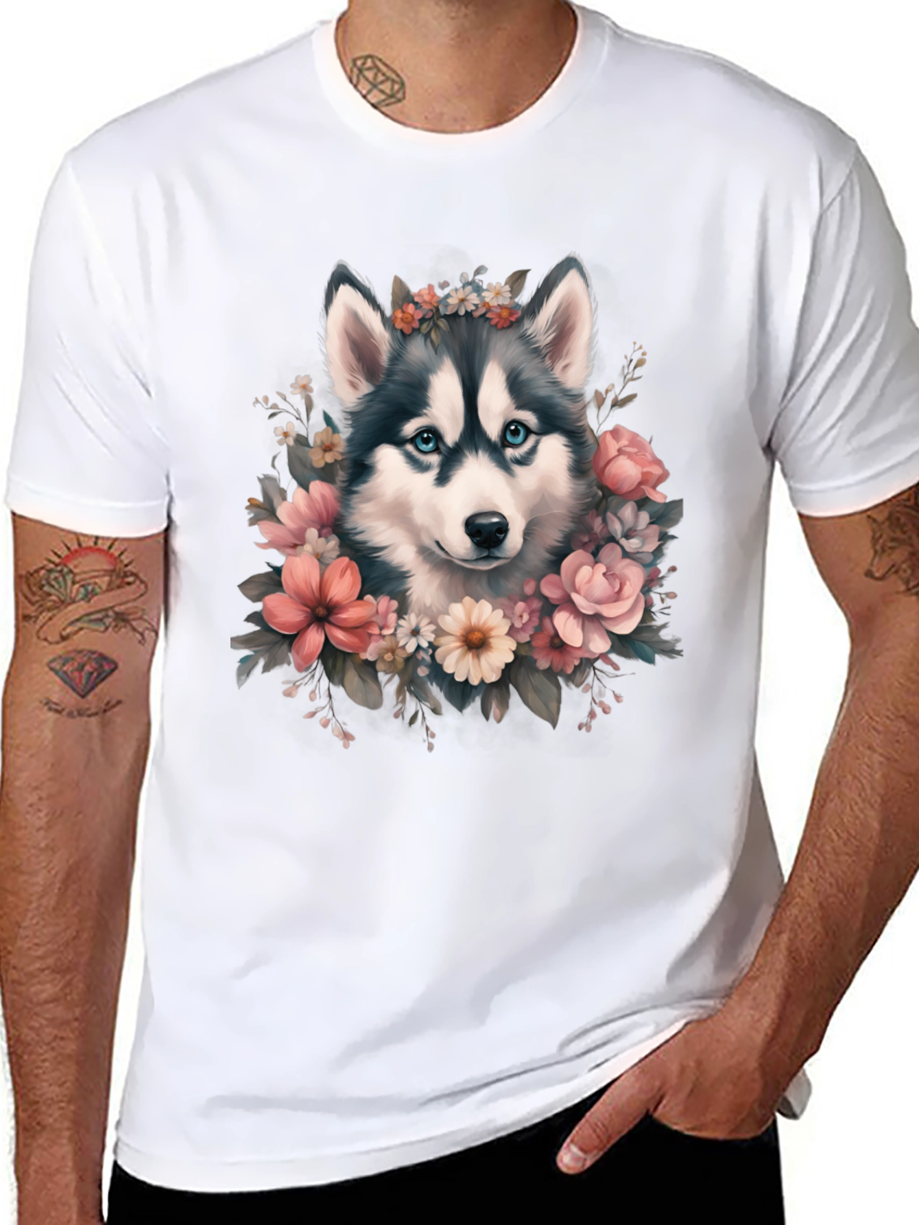 Husky Floral T-Shirt - Cute Dog Tee