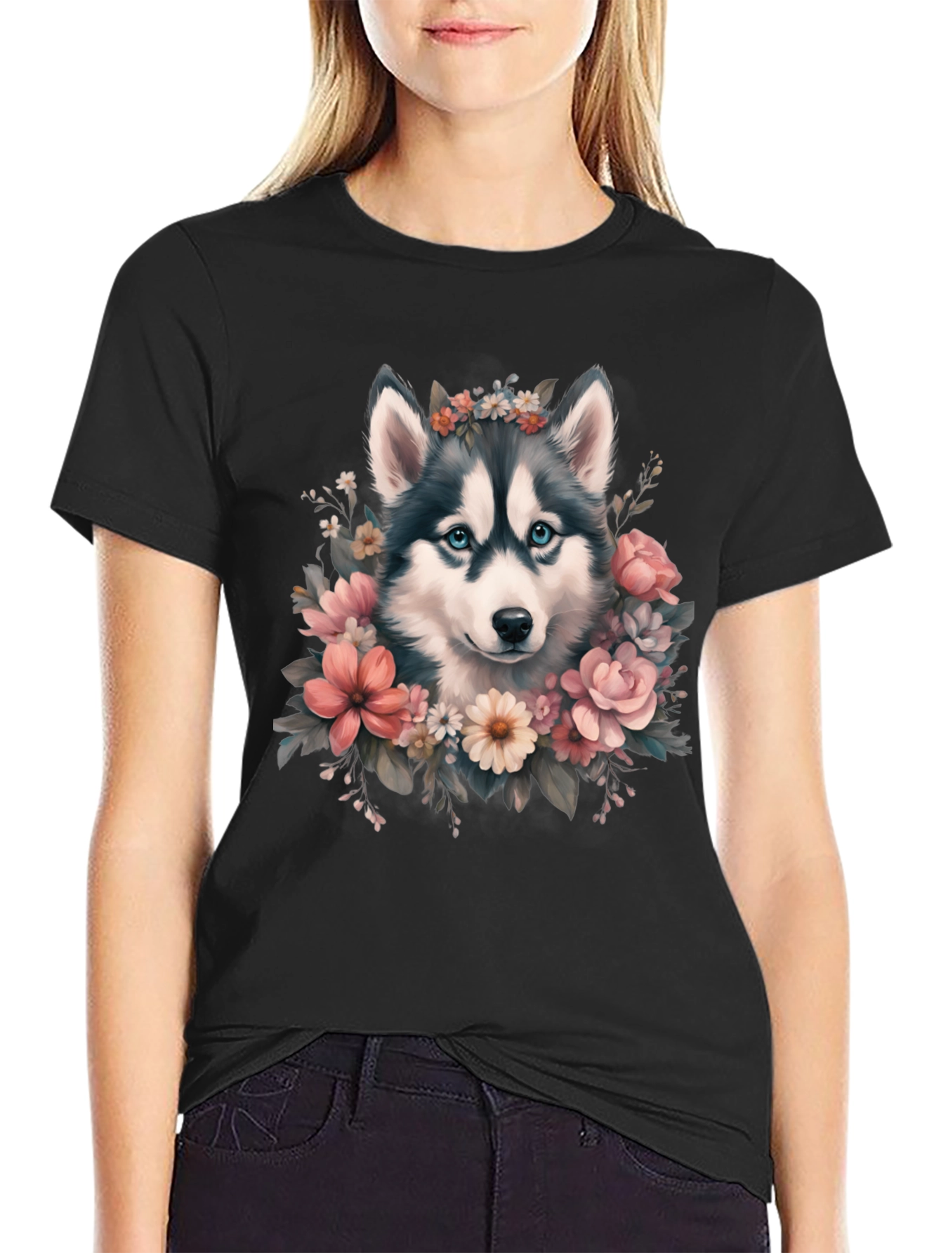 Husky Floral T-Shirt - Cute Dog Tee