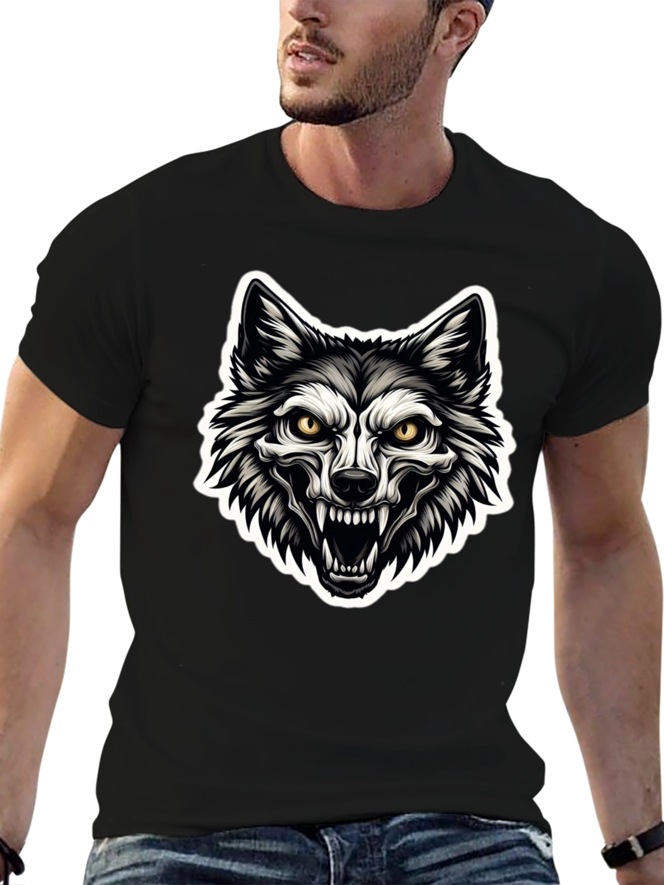 Mens Black T-Shirt with Wolf Graphic