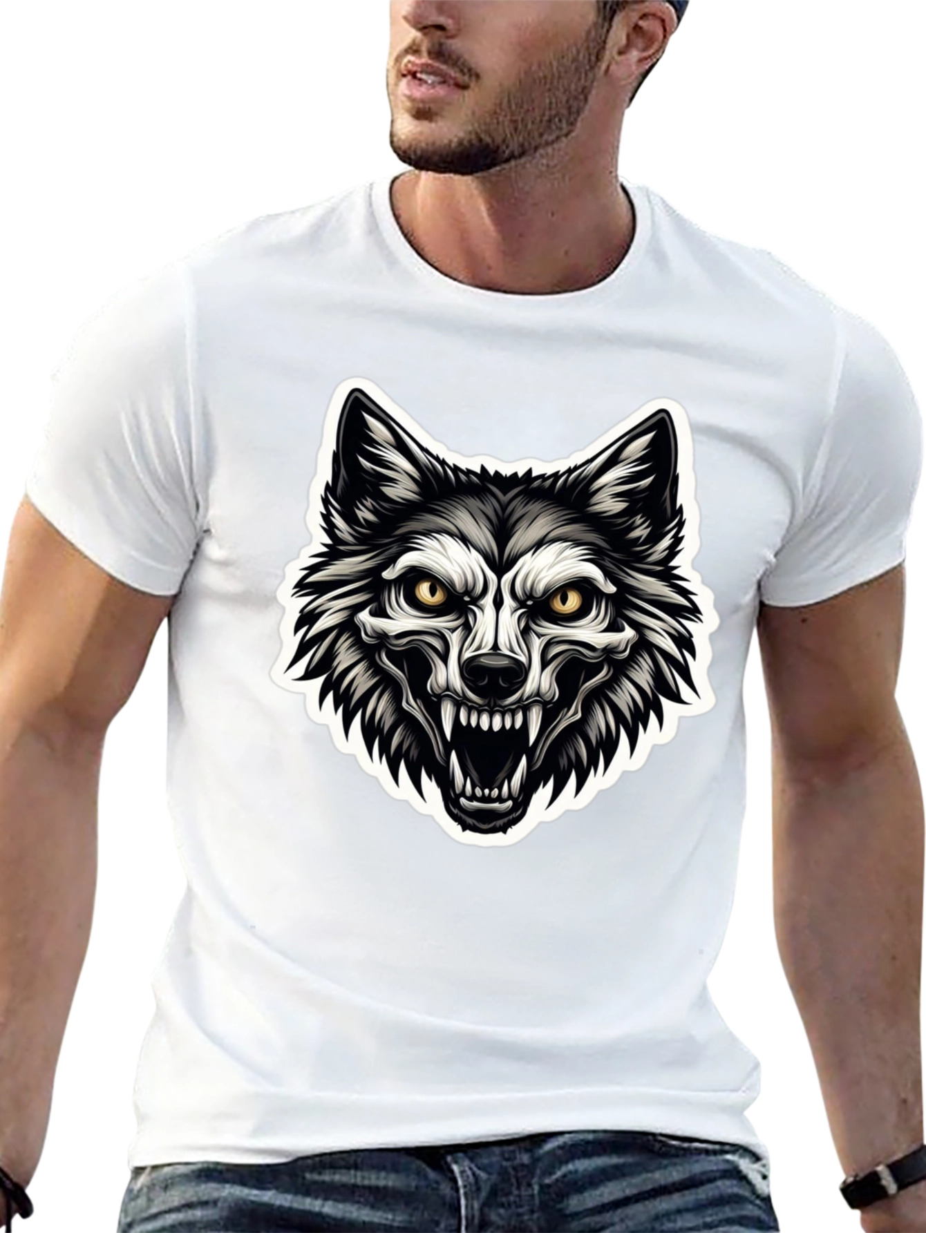 Mens Black T-Shirt with Wolf Graphic