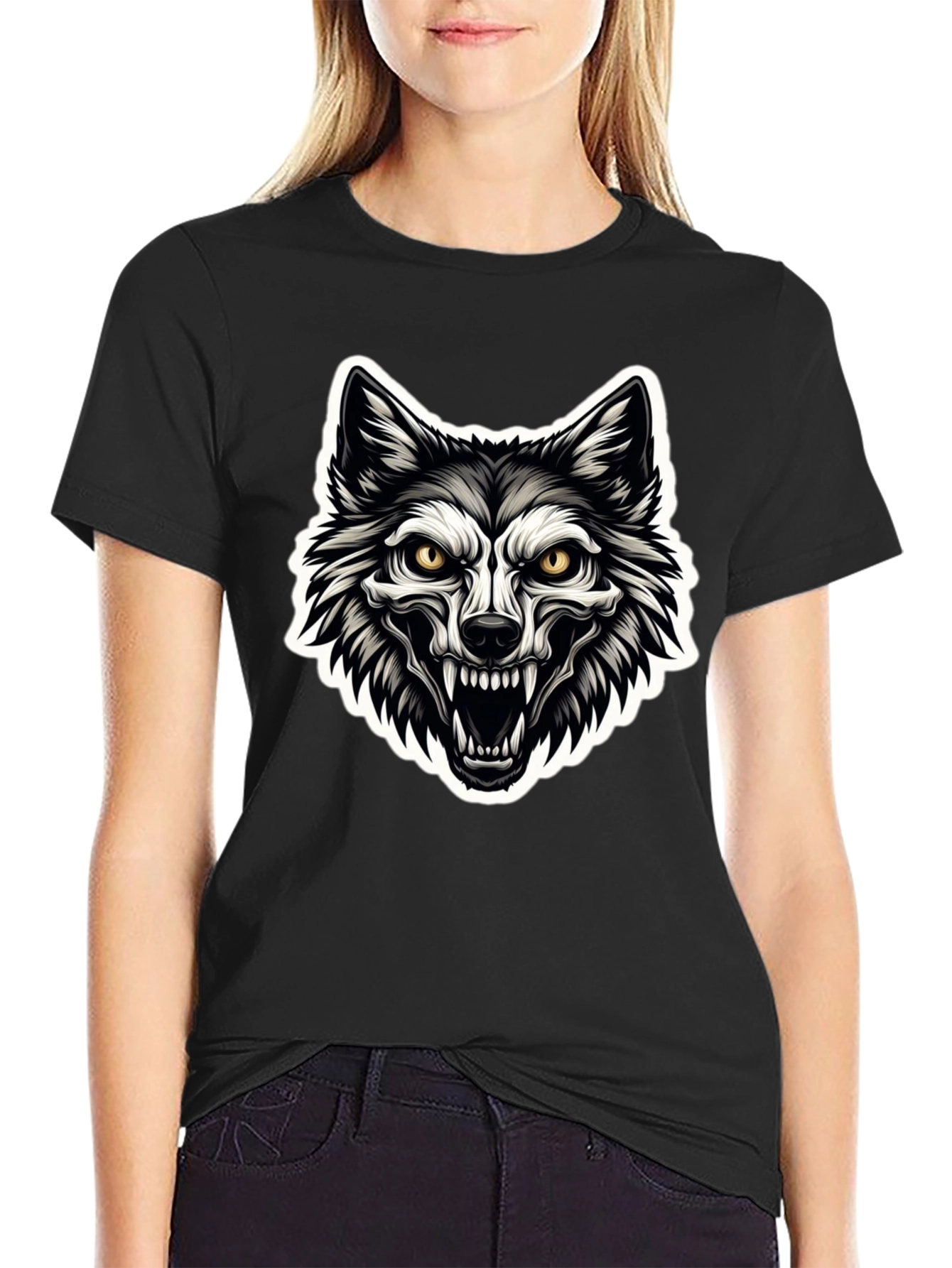 Mens Black T-Shirt with Wolf Graphic