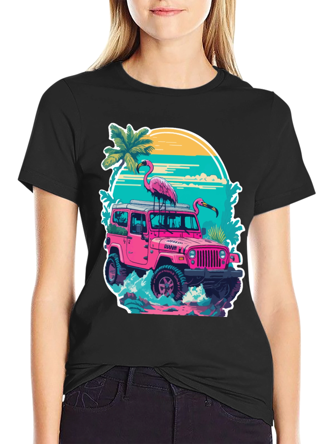 Flamingo Jeep Graphic Tee - Tropical Vibe