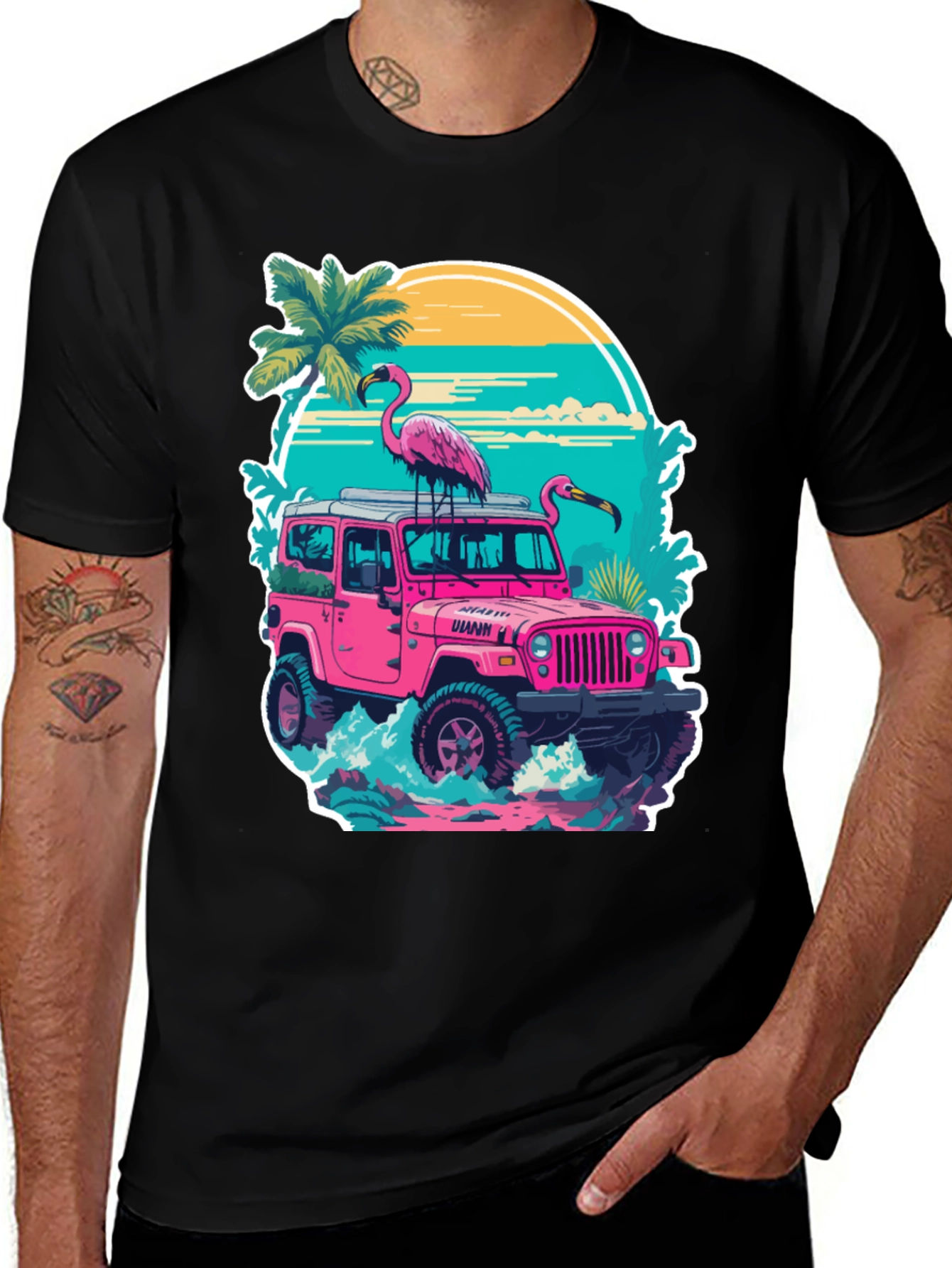 Flamingo Jeep Graphic Tee - Tropical Vibe
