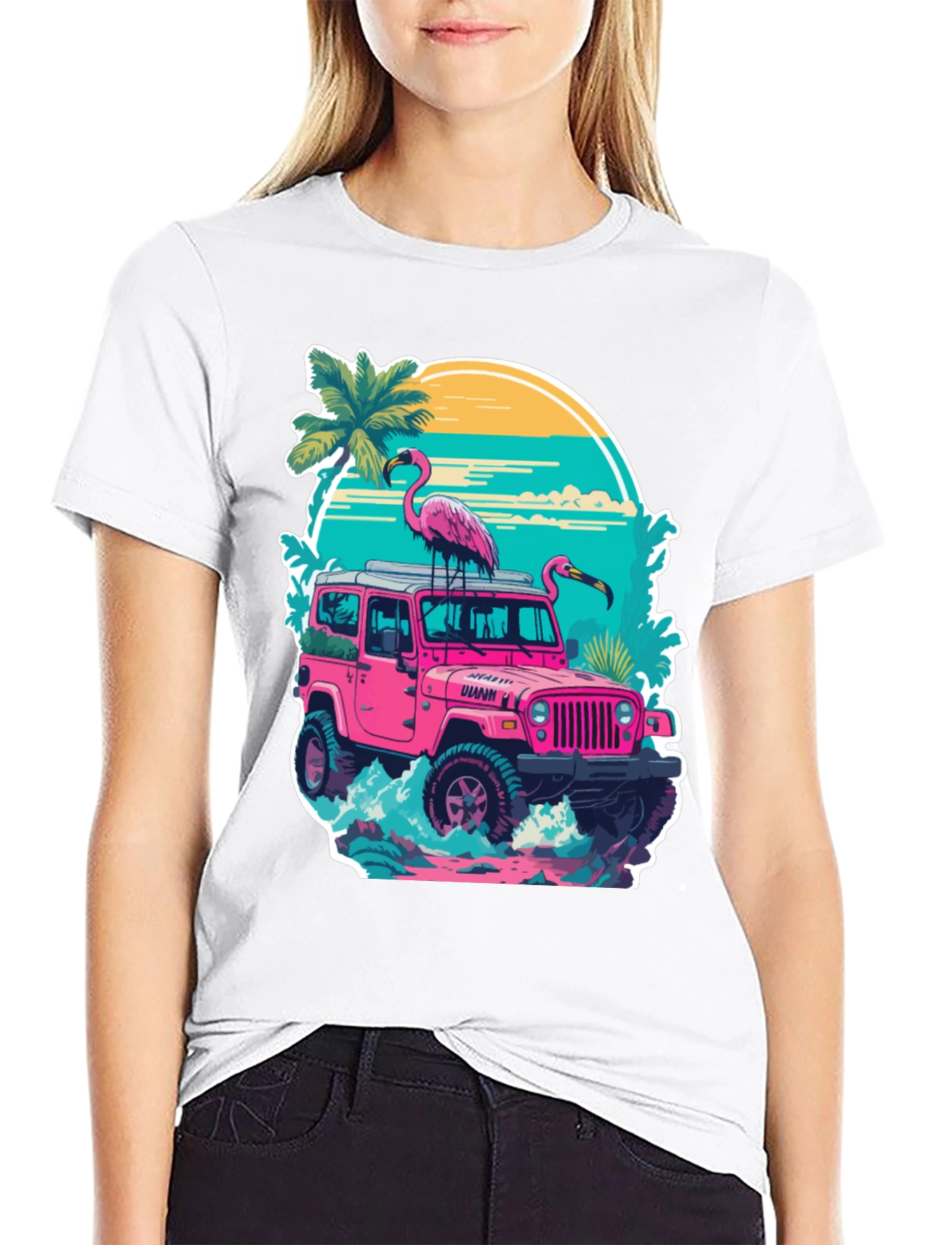 Flamingo Jeep Graphic Tee - Tropical Vibe