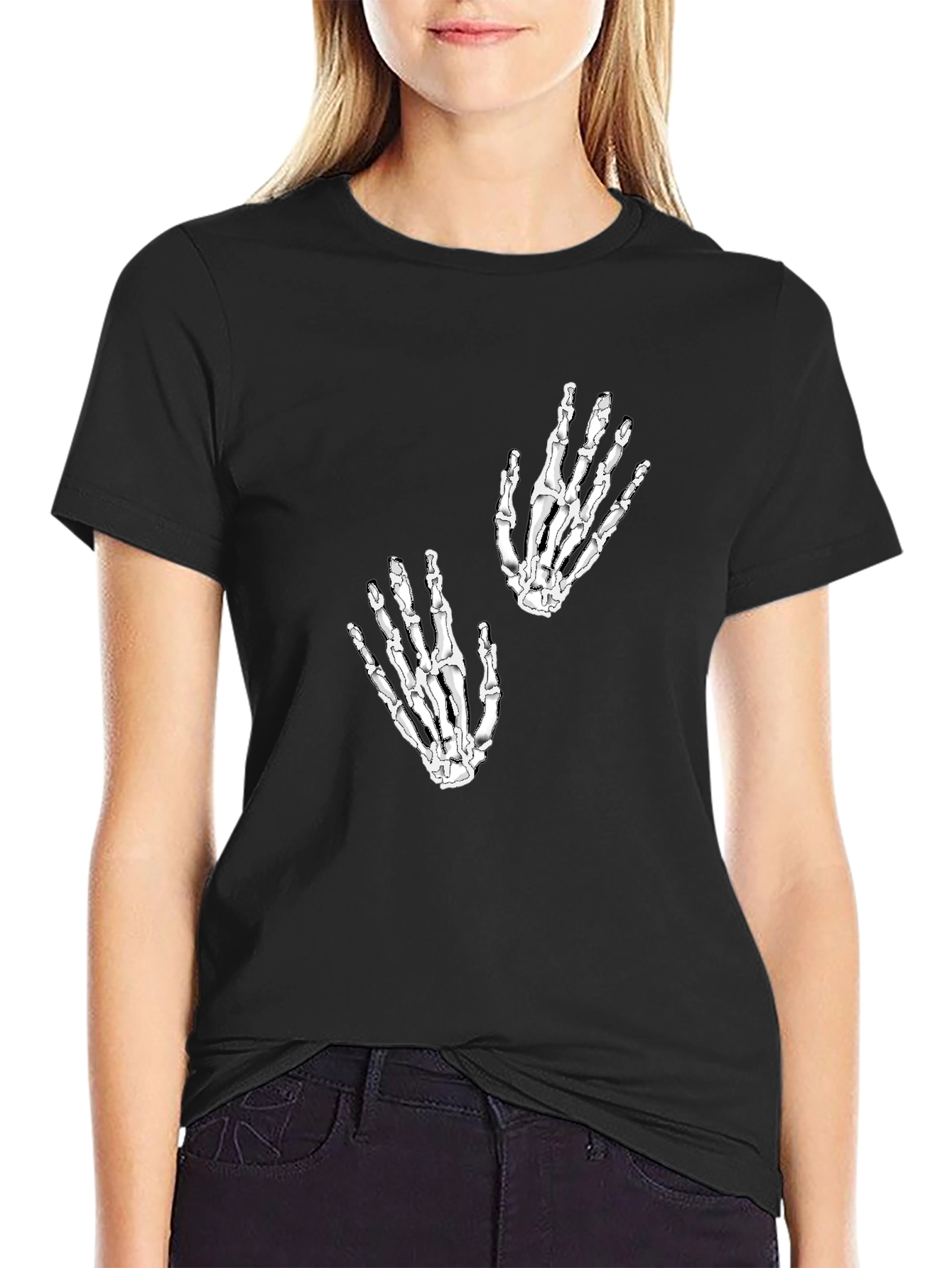 Skeleton Hand Graphic Tee - Black Cotton Shirt
