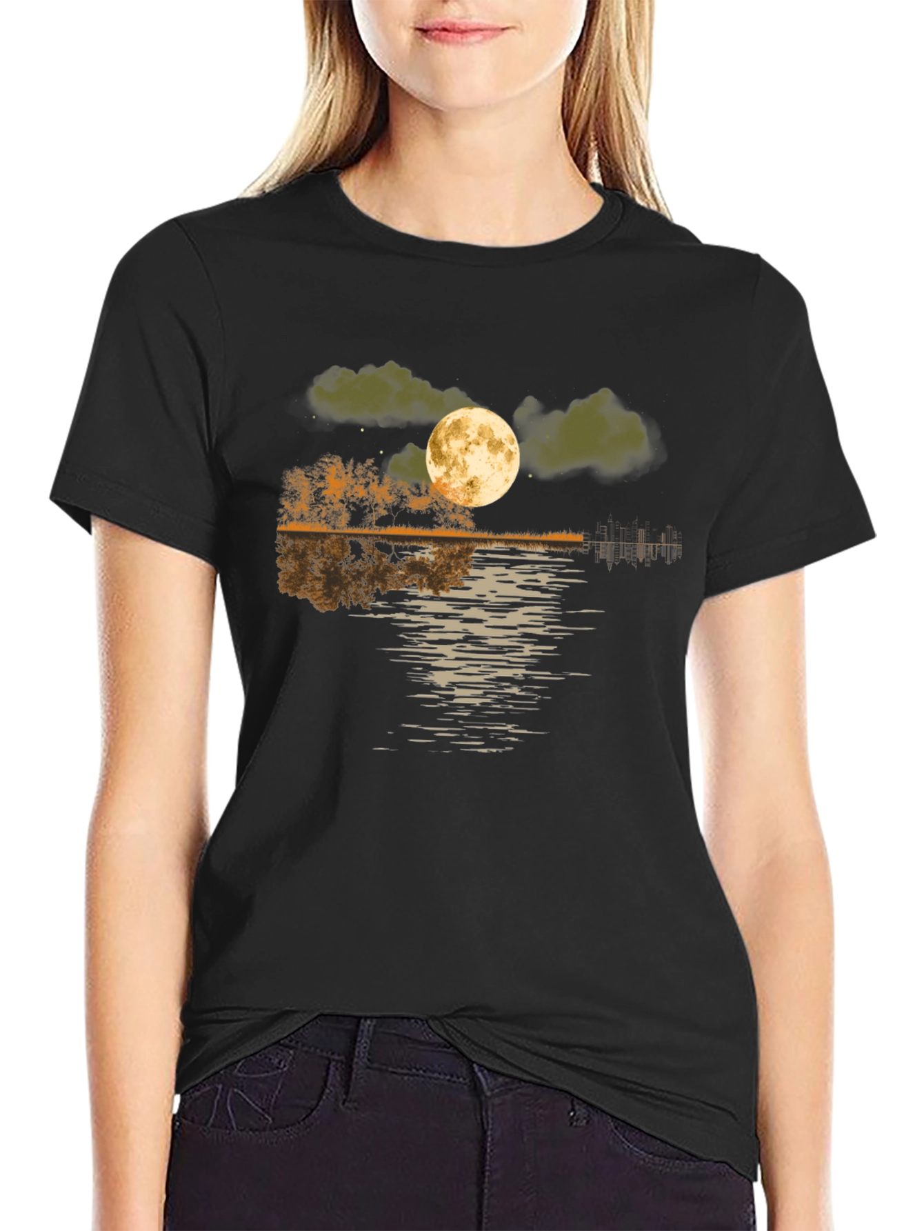 Moonlit Lake Graphic Tee - Soft Black Cotton