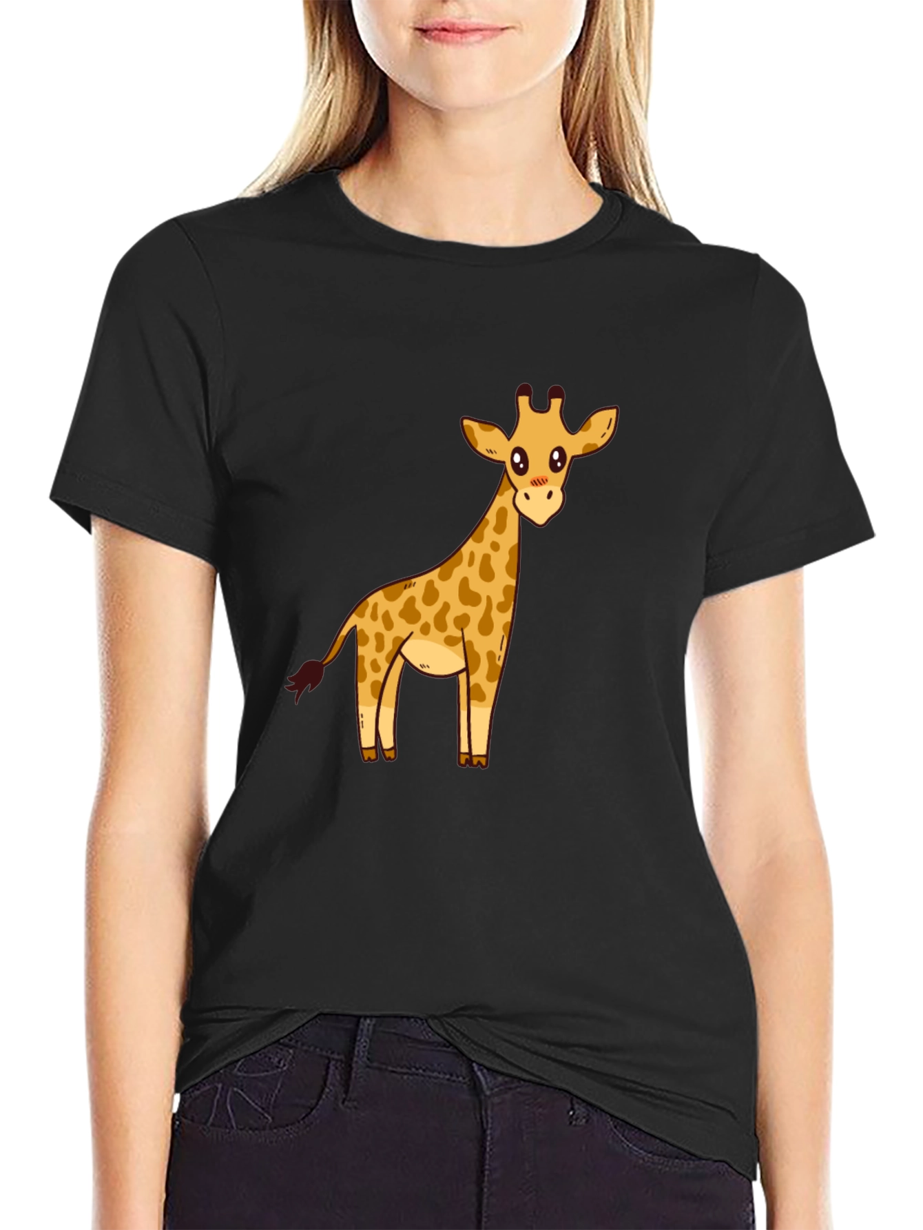 Cute Giraffe Graphic Print Black T-Shirt