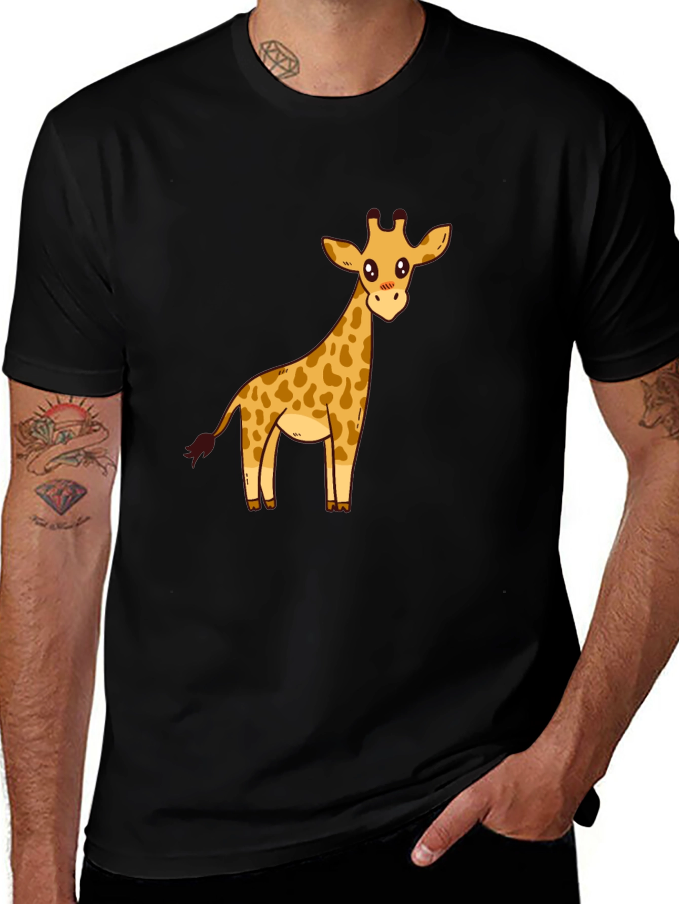 Cute Giraffe Graphic Print Black T-Shirt