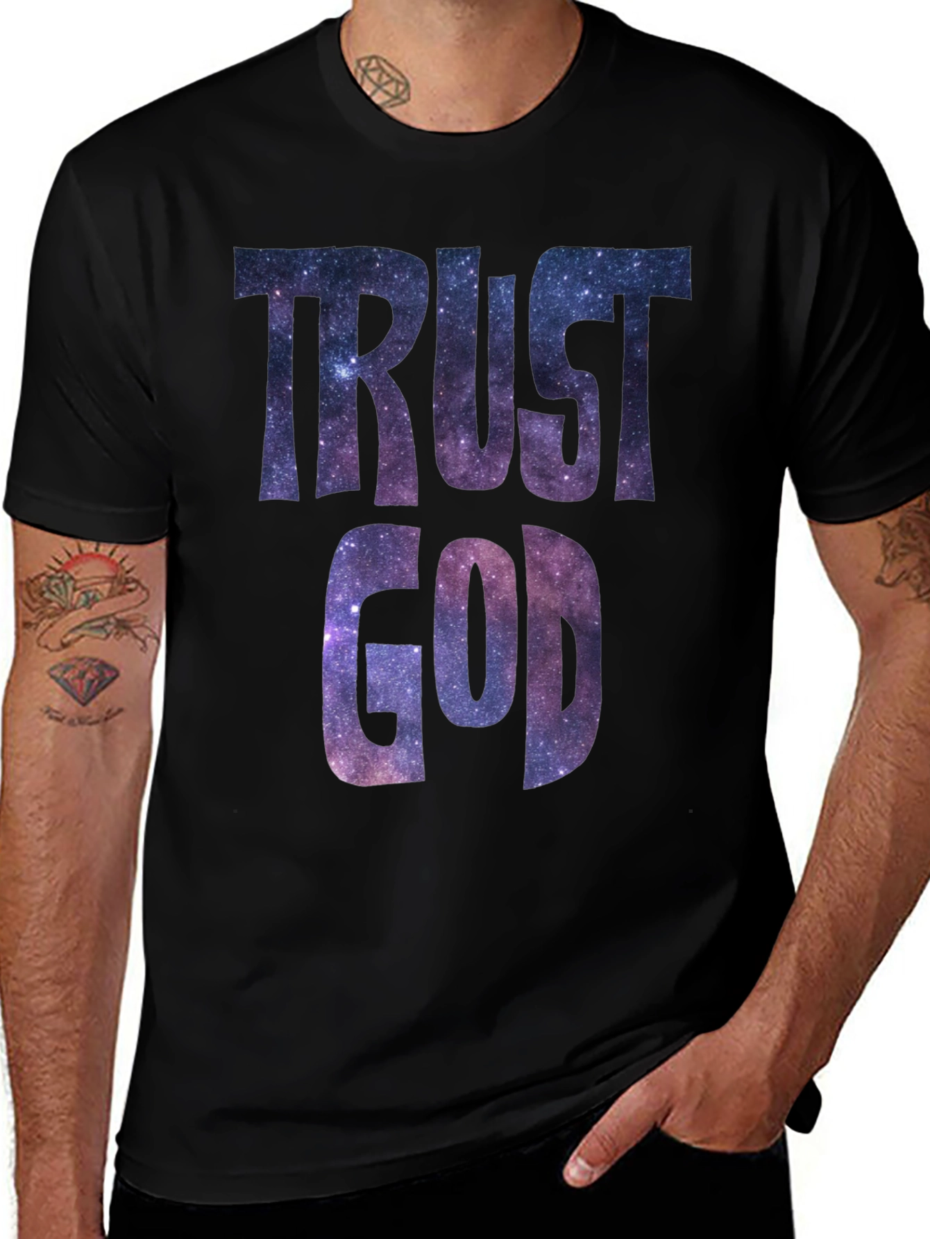 Trust God Galaxy Print Black T-Shirt