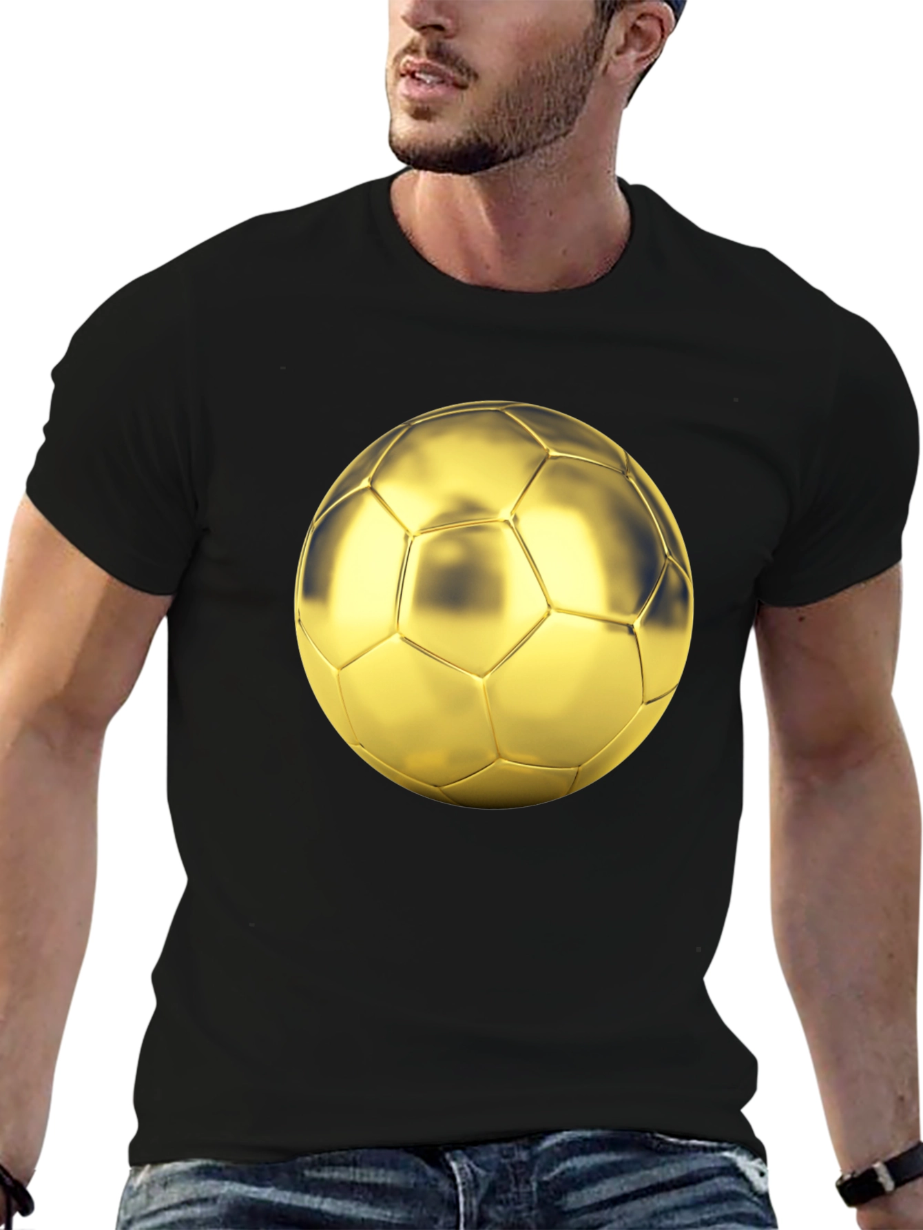 Golden Soccer Ball Graphic Black T-Shirt