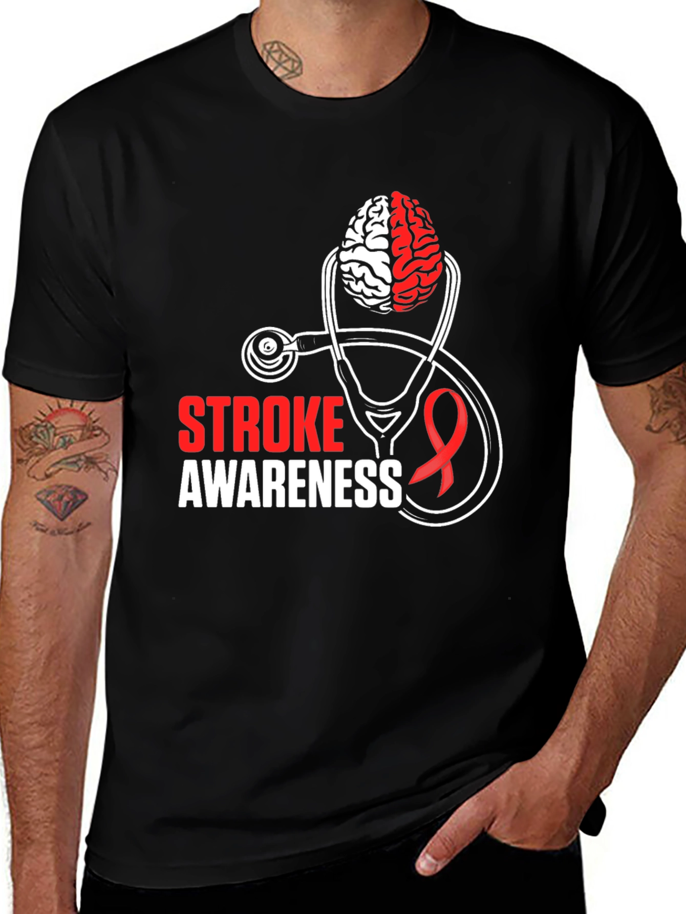 Stroke Awareness T-Shirt - Brain & Stethoscope Design