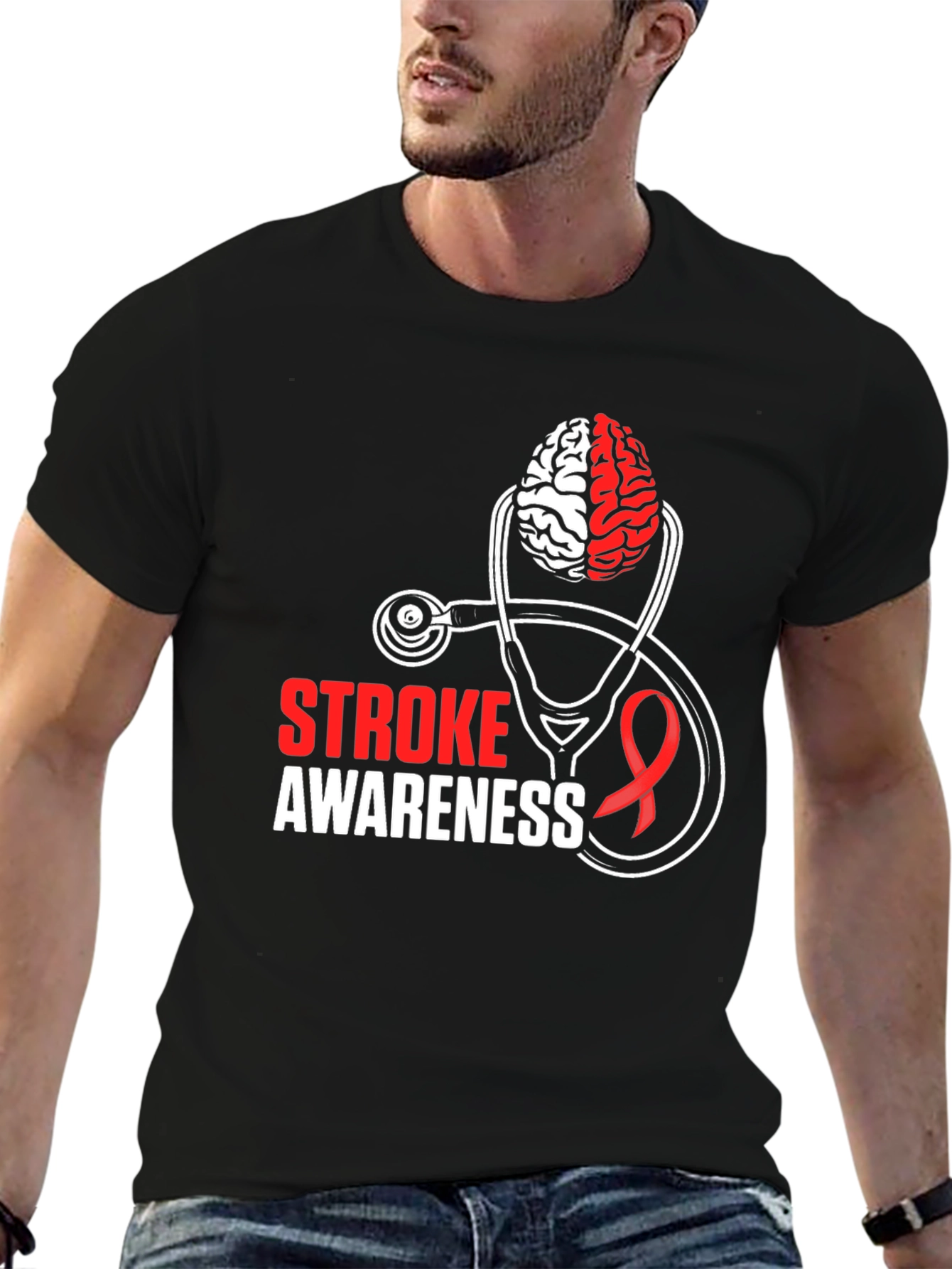 Stroke Awareness T-Shirt - Brain & Stethoscope Design