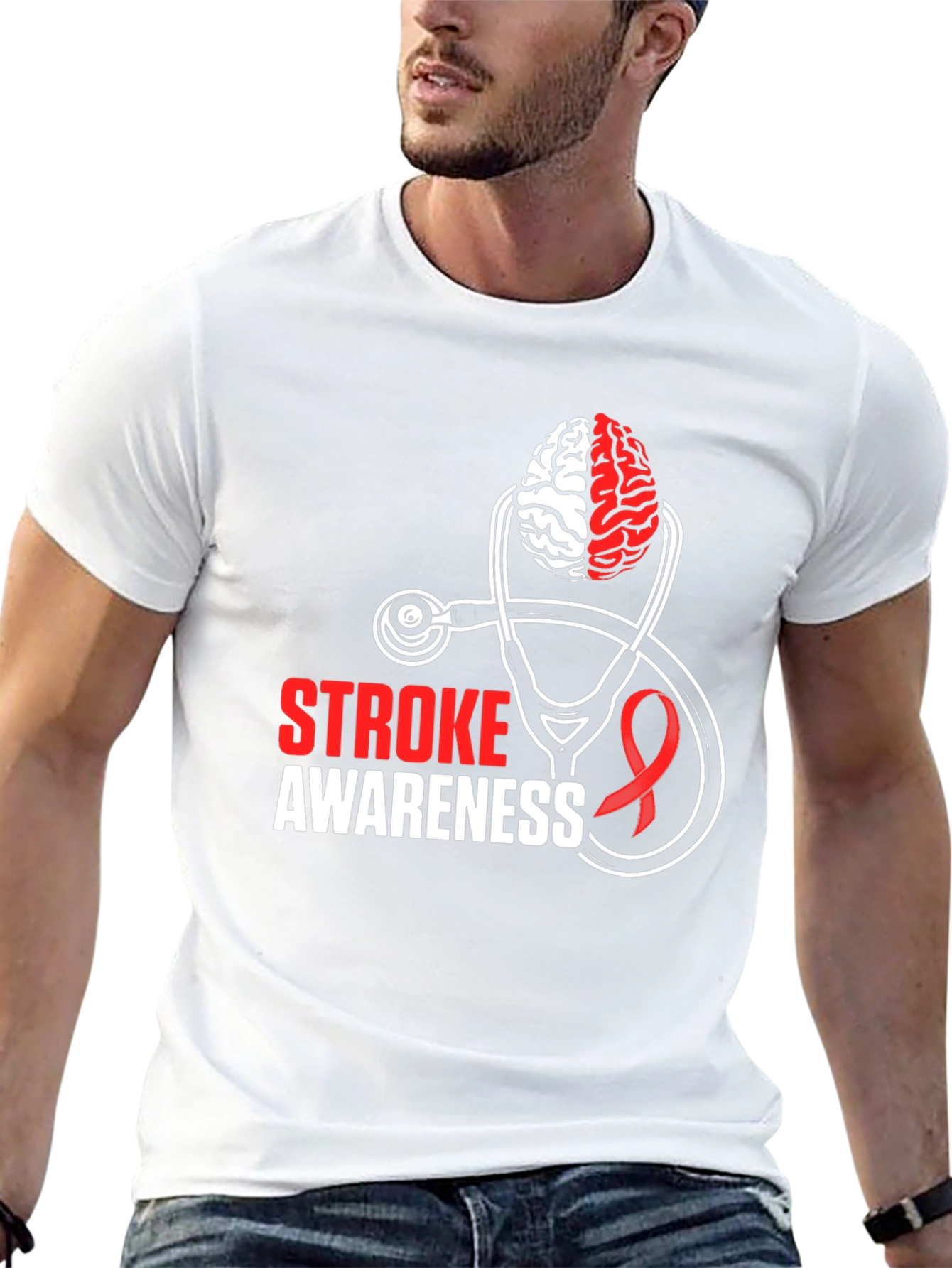 Stroke Awareness T-Shirt - Brain & Stethoscope Design