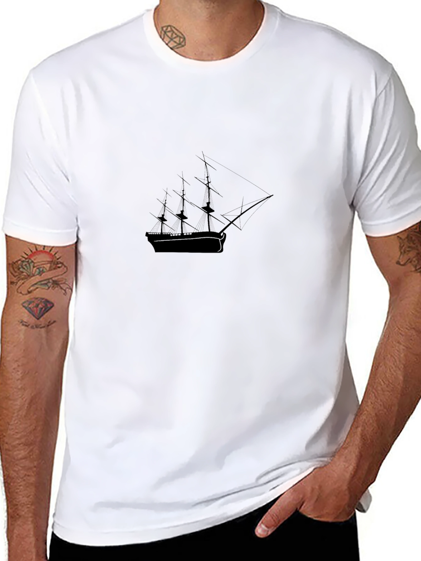 Mens Black T-Shirt - Sailing Ship Graphic Tee